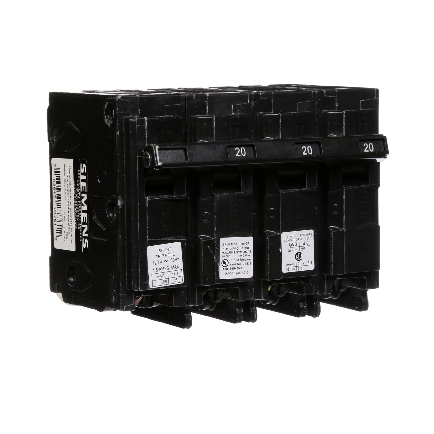 Siemens Q32000S01 Circuit Breaker | 240V 20A 3P 10kA@240V Plug-In Q Series