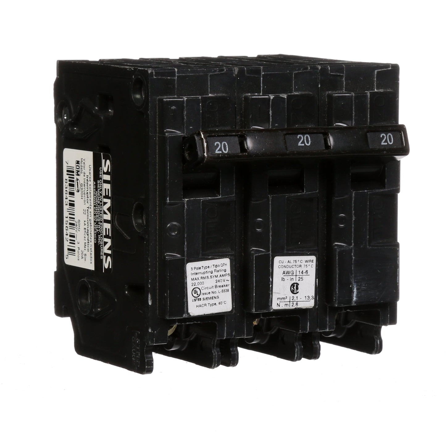 Siemens Q320H Circuit Breaker | 240V 20A 3P 22kA@240V Plug-In Q Series
