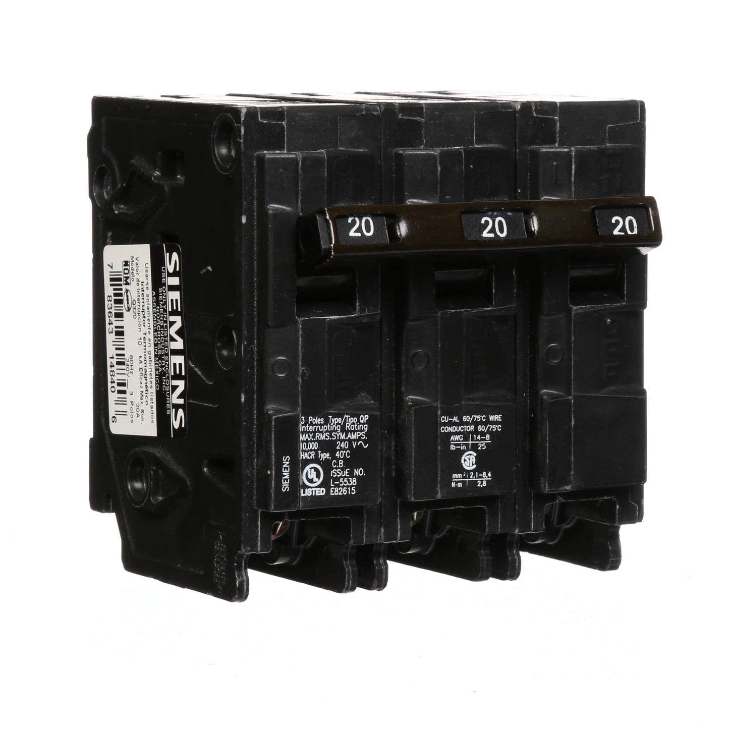 Siemens Q320 Circuit Breaker | 240V 20A 3P Plug-In 10kA@240V Q Series