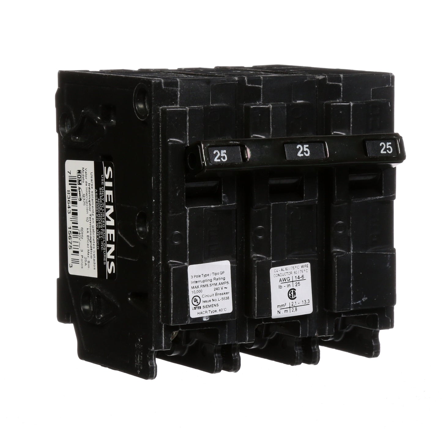 Siemens Q325 Circuit Breaker | 240V 25A 3P 10kA@240V Plug-In Q Series