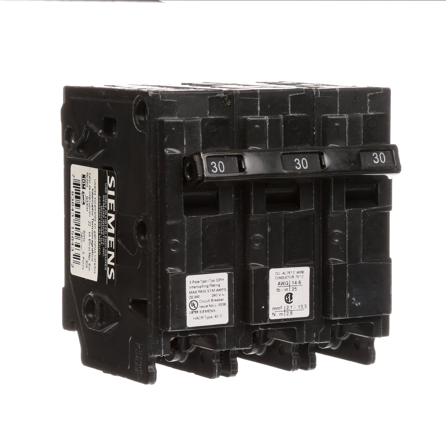 Siemens Q330H Circuit Breaker | 240V 30A 3P 22kA@240V Plug-In Q Series