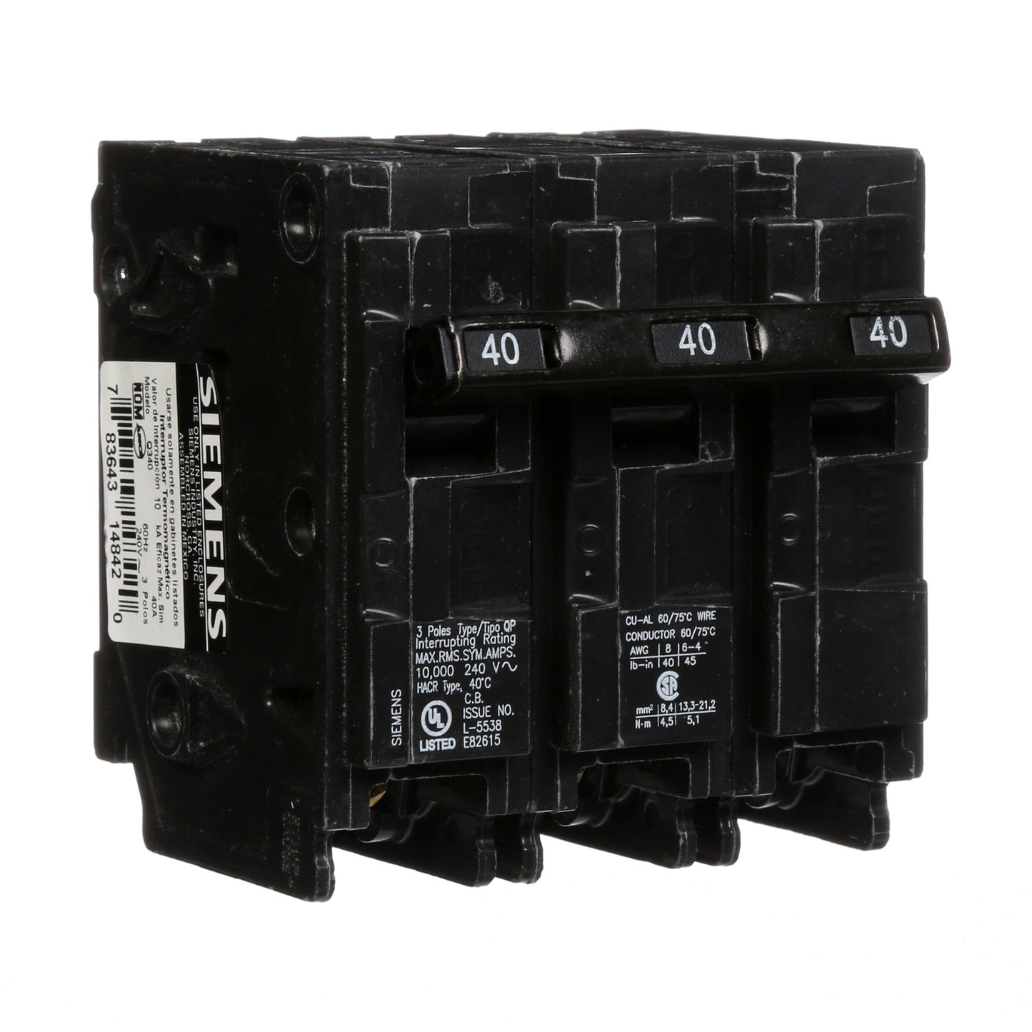 Siemens Q340 Circuit Breaker | 240V 40A 3P 10kA@240V Plug-In Q Series