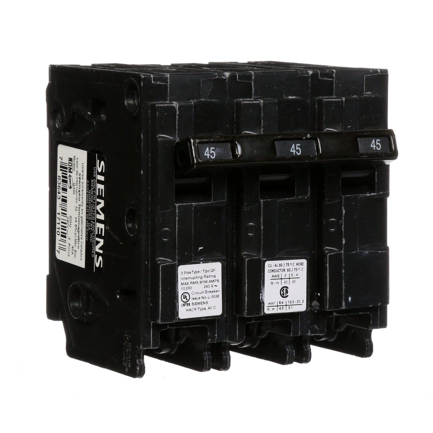 Siemens Q345 Circuit Breaker | 240V 45A 3P 10kA@240V Plug-In Q Series