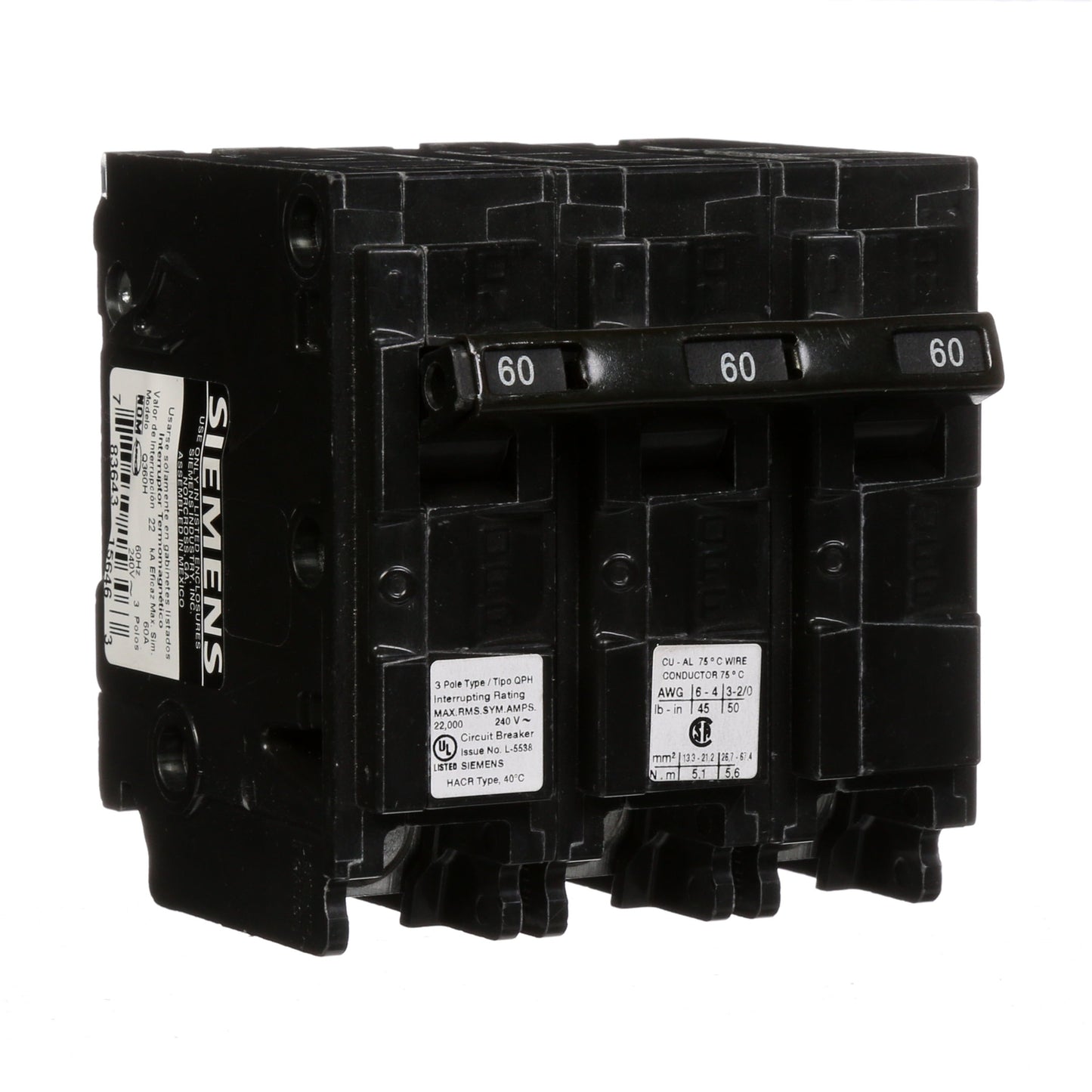 Siemens Q360H Circuit Breaker | 240V 60A 3P 22kA@240V Plug-In Q Series