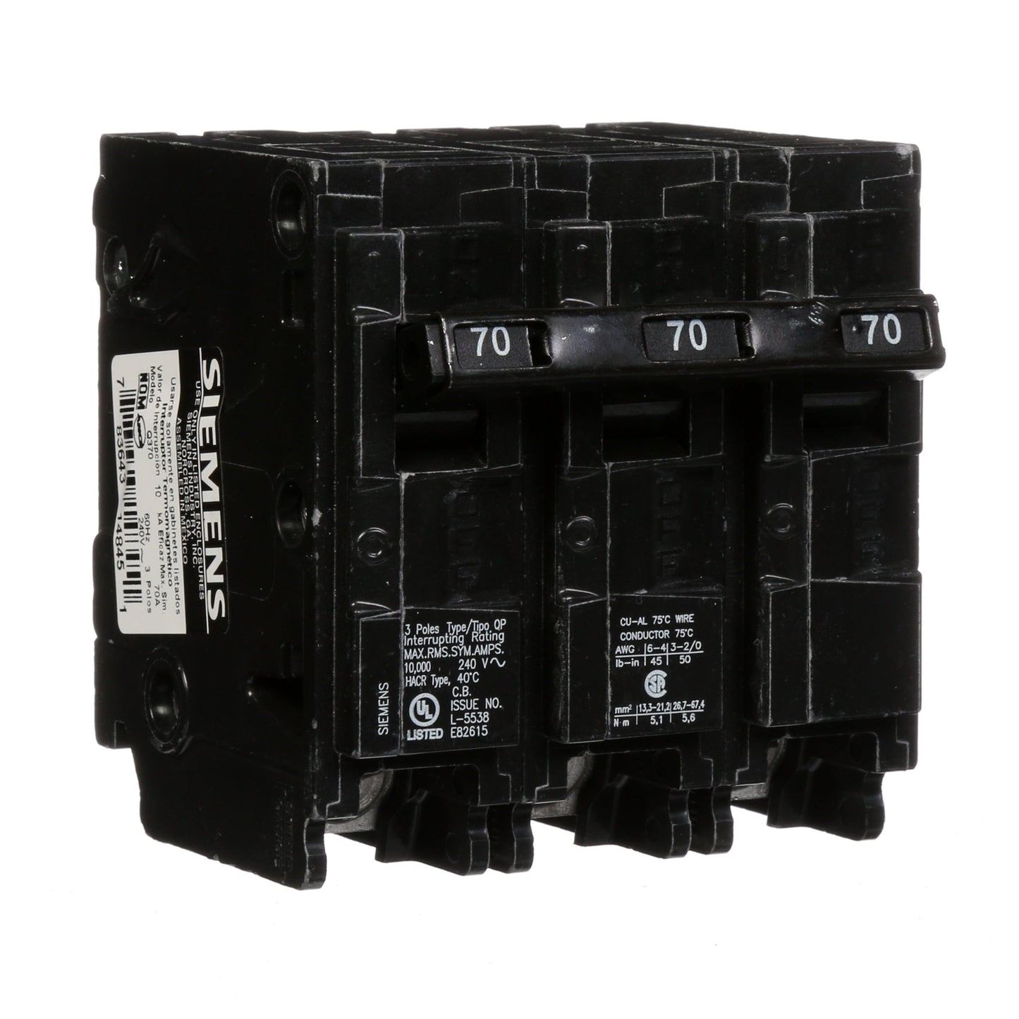 Siemens Q370 Circuit Breaker | 240V 70A 3P 10kA@240V Plug-In Q Series