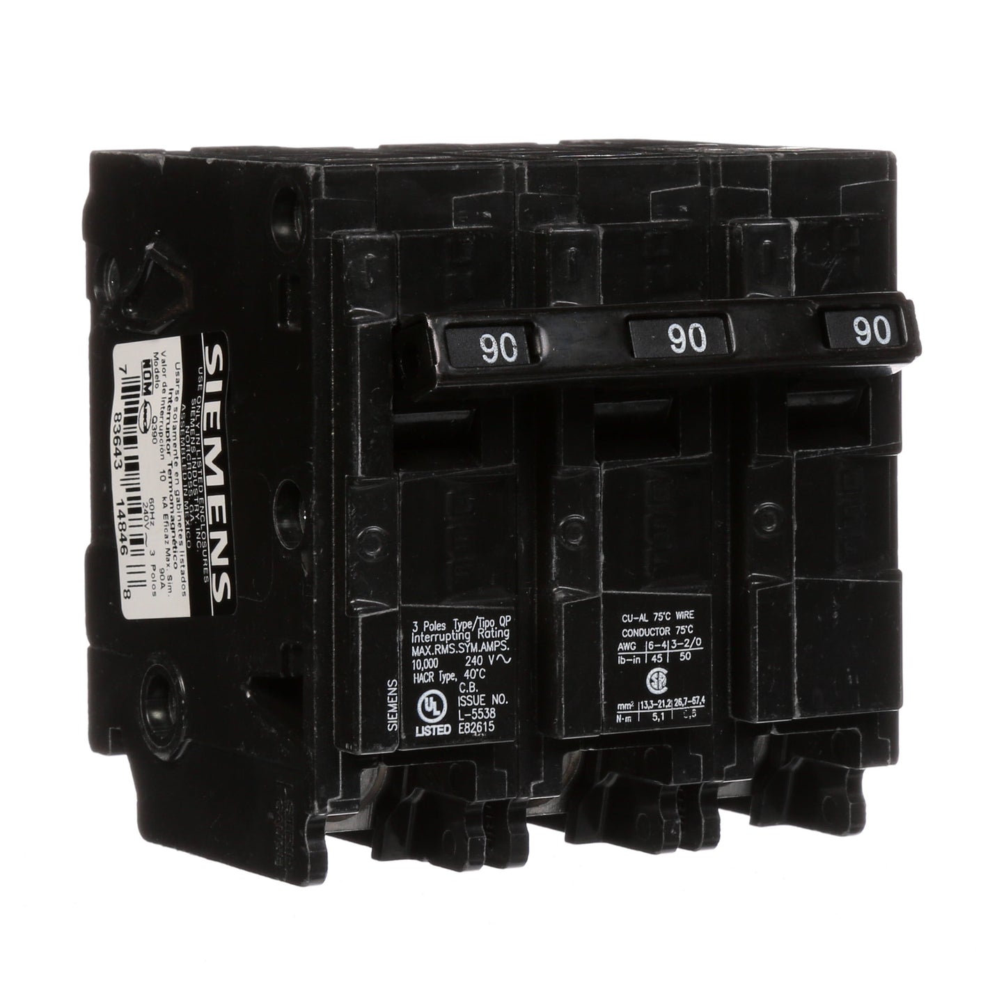 Siemens Q390 Circuit Breaker | 240V 90A 3P 10kA@240V Plug-In Q Series