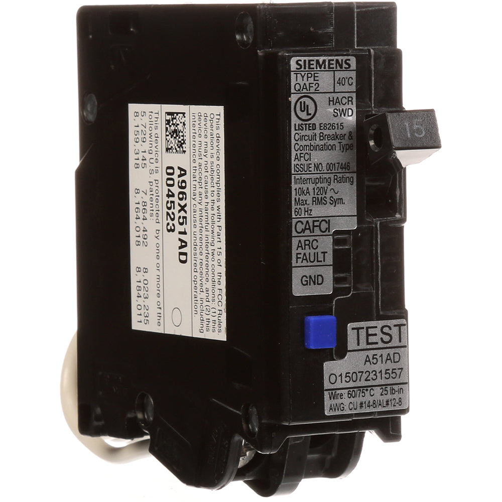 Siemens QA115AFC Circuit Breaker | 120V 15A 1P Bolt-On 10kA@120V Q Series