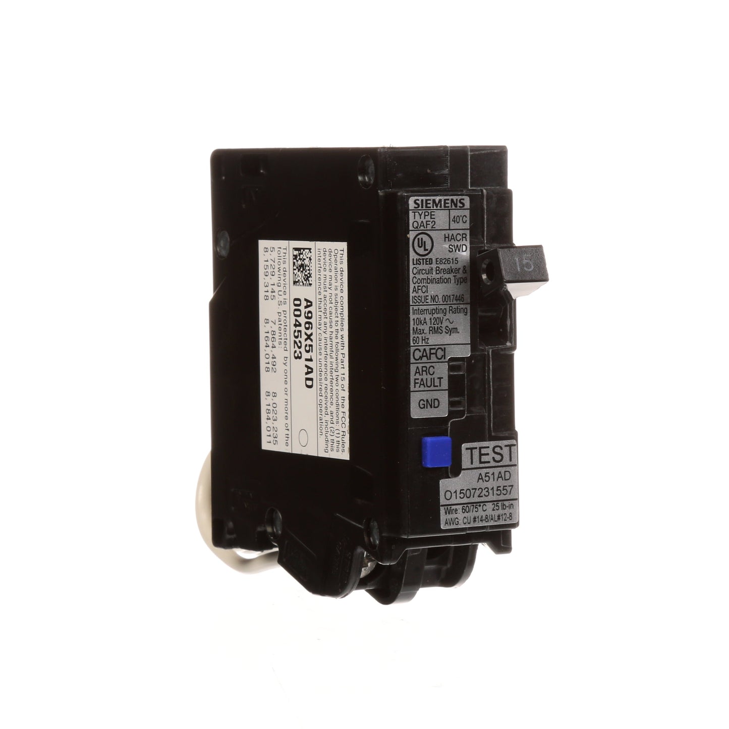 Siemens QA115AFC Circuit Breaker | 120V 15A 1P Bolt-On 10kA@120V Q Series