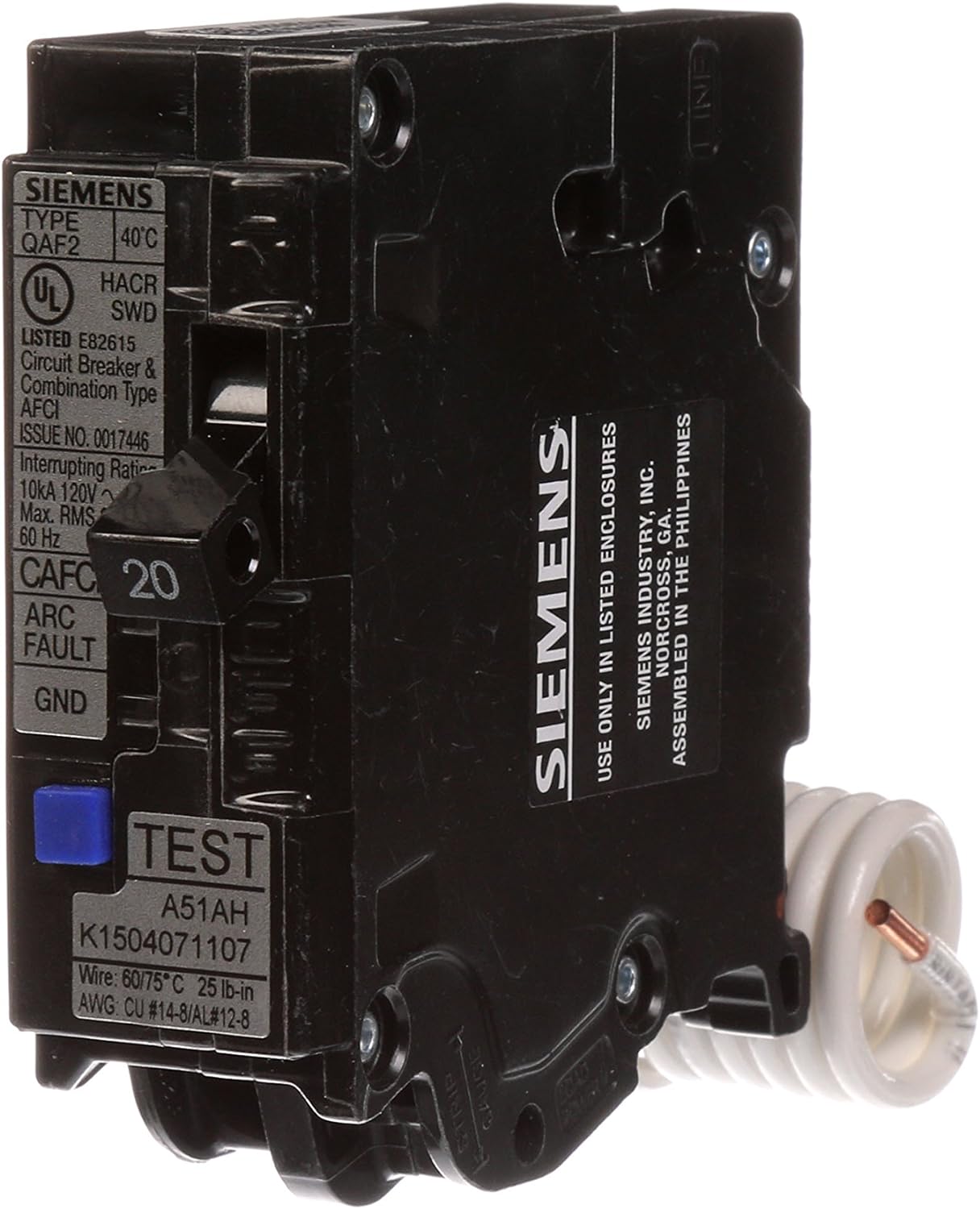 QA120AFCP - Siemens Plug-In 120V 20A 1 pole circuit breaker 10kA@120V - Essential Electric Supply
