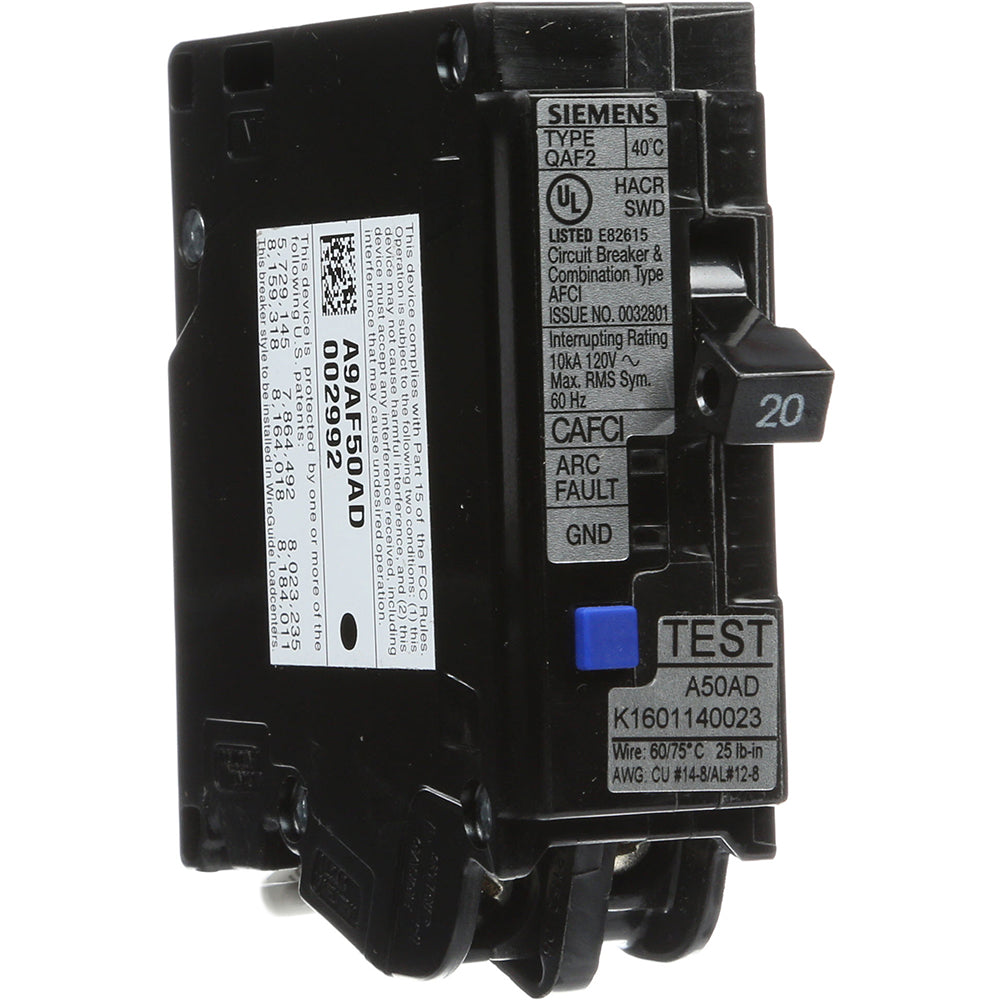 Siemens QA120AFCWG Circuit Breaker | 120V 20A 1P 10kA@120V Plug-In Q Series