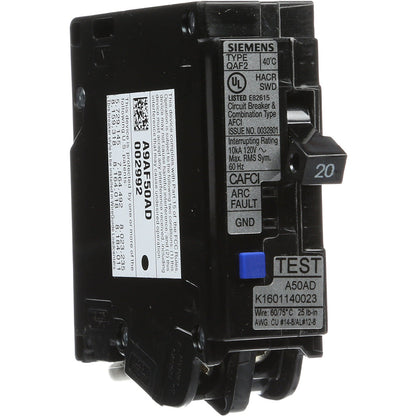 Siemens QA120AFCWG Circuit Breaker | 120V 20A 1P 10kA@120V Plug-In Q Series