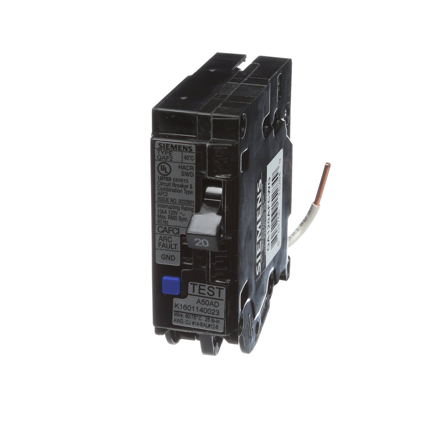 Siemens QA120AFCWG Circuit Breaker | 120V 20A 1P 10kA@120V Plug-In Q Series