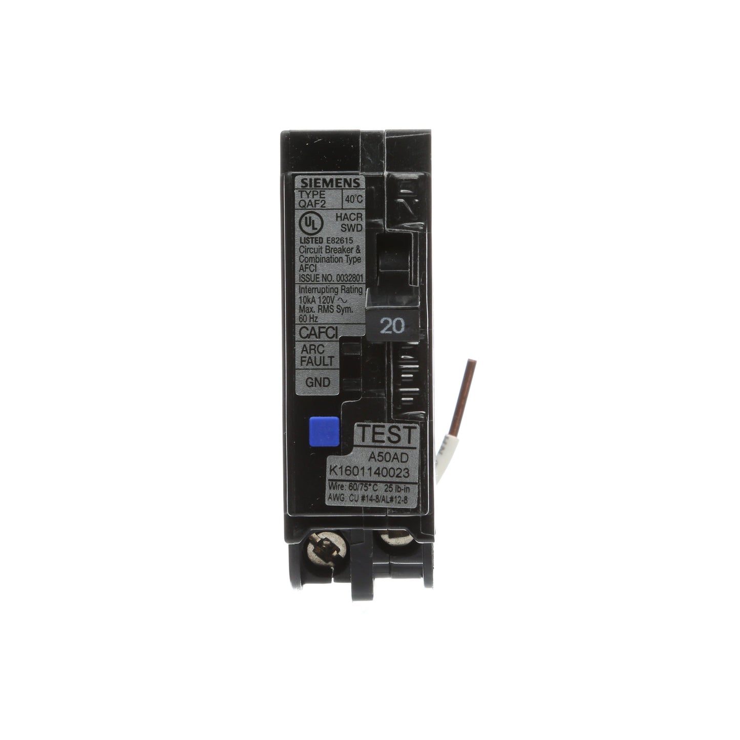 Siemens QA120AFCWG Circuit Breaker | 120V 20A 1P 10kA@120V Plug-In Q Series