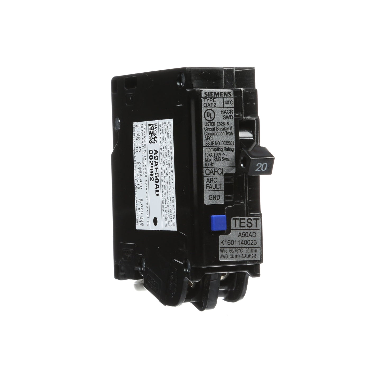 Siemens QA120AFCWG Circuit Breaker | 120V 20A 1P 10kA@120V Plug-In Q Series