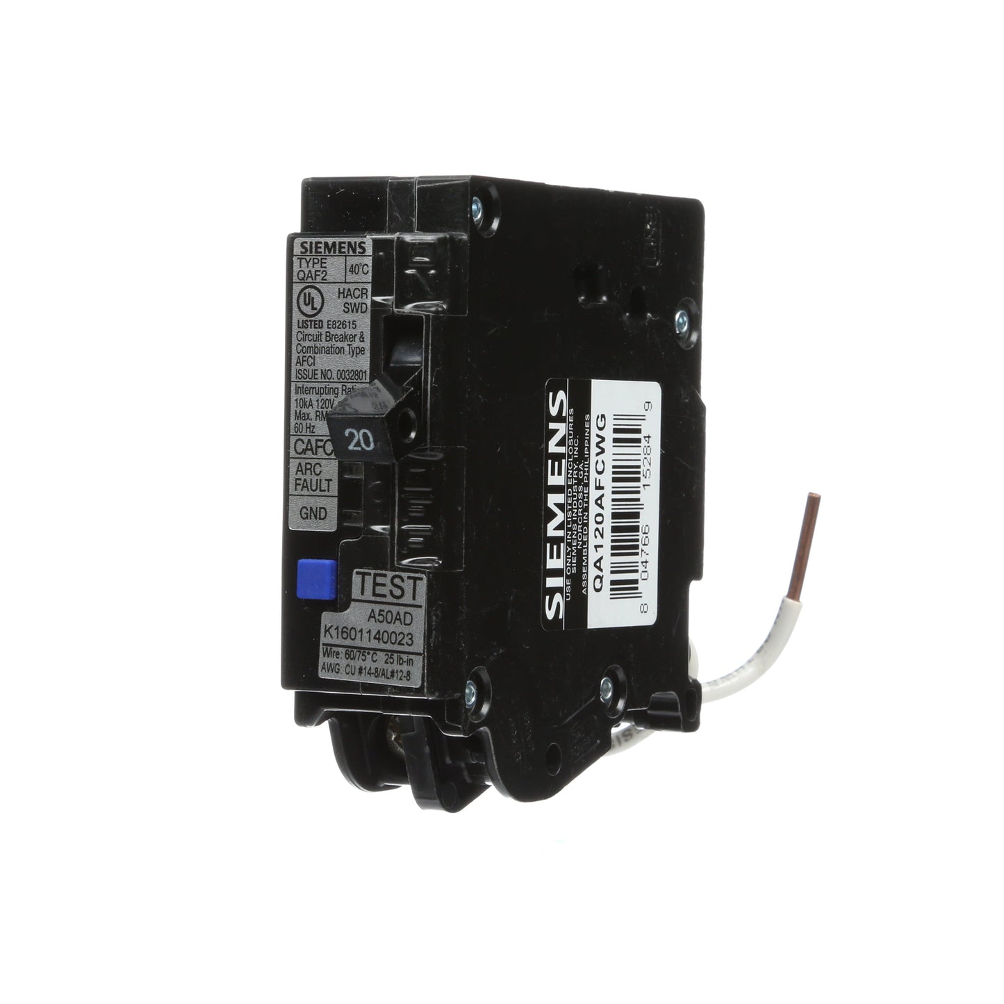 Siemens QA120AFCWG Circuit Breaker | 120V 20A 1P 10kA@120V Plug-In Q Series
