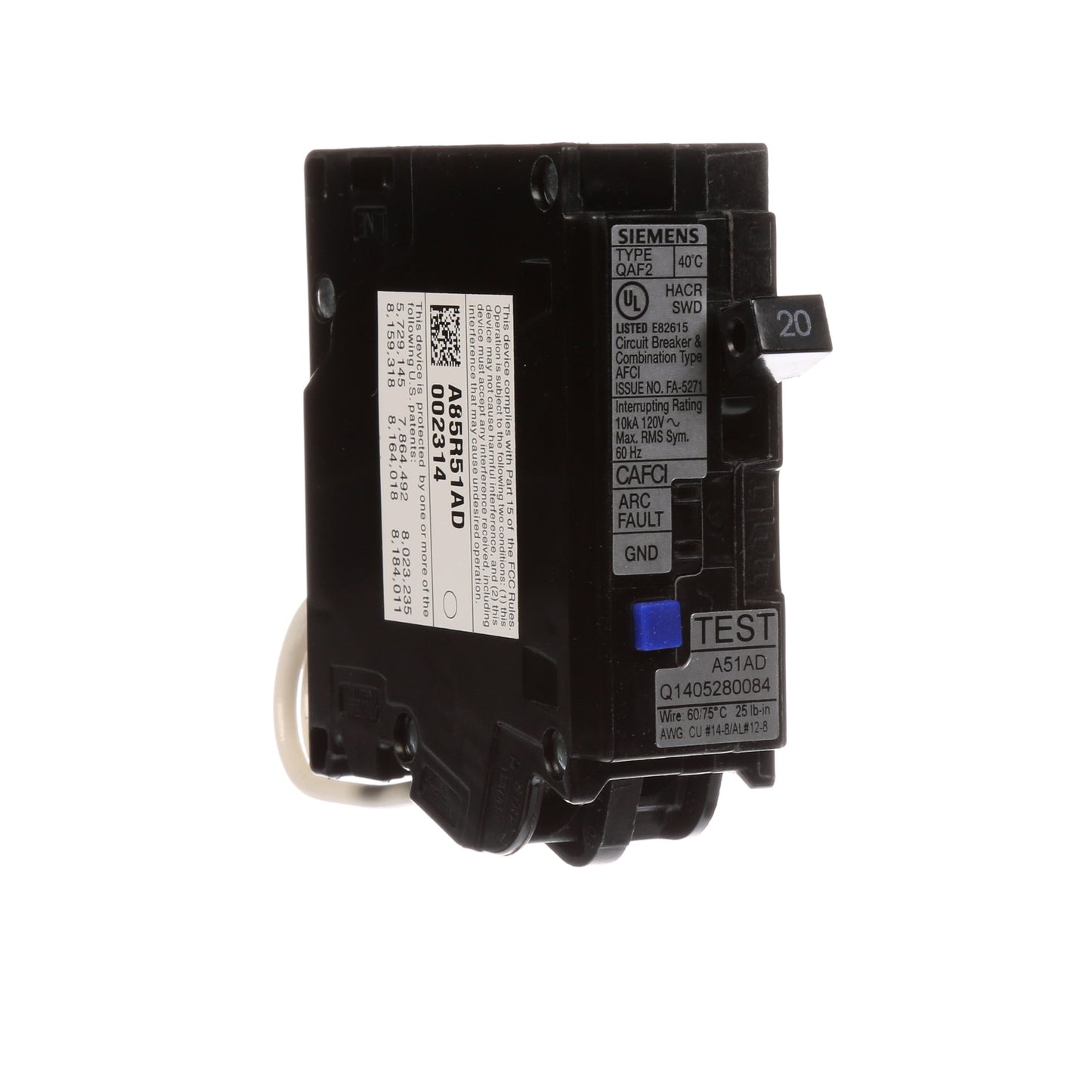 Siemens QA120AFC Circuit Breaker | 120V 20A 1P 10kA@120V Plug-In Q Series