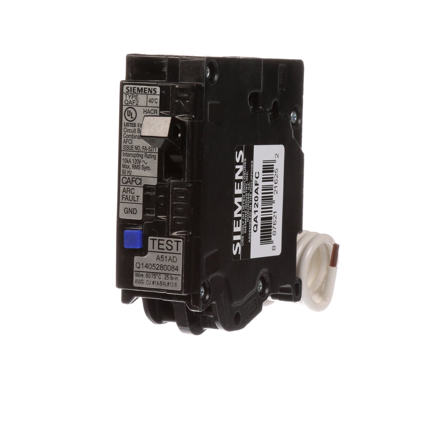 Siemens QA120AFC Circuit Breaker | 120V 20A 1P 10kA@120V Plug-In Q Series