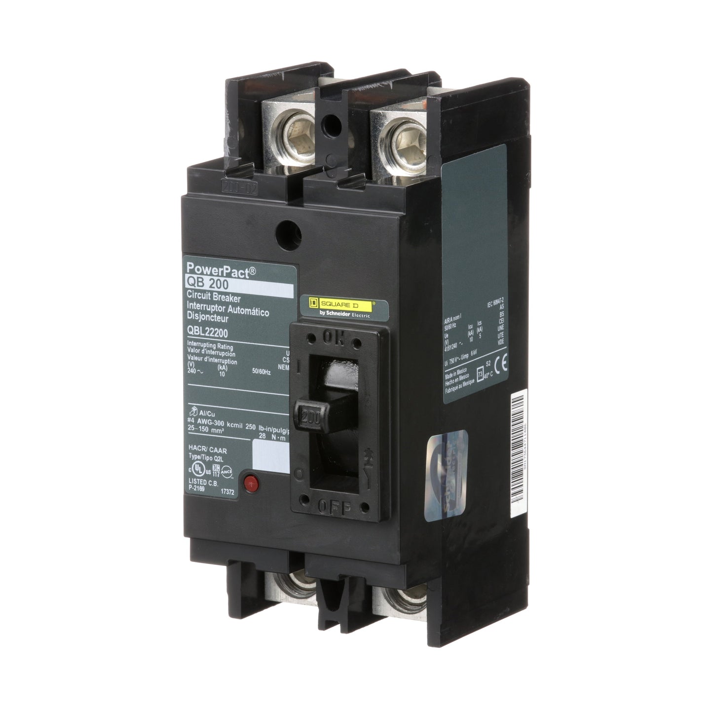 Square D QBL22200 Circuit Breaker | 240V 200A 2P 10kA@240V Bolt-On Powerpact