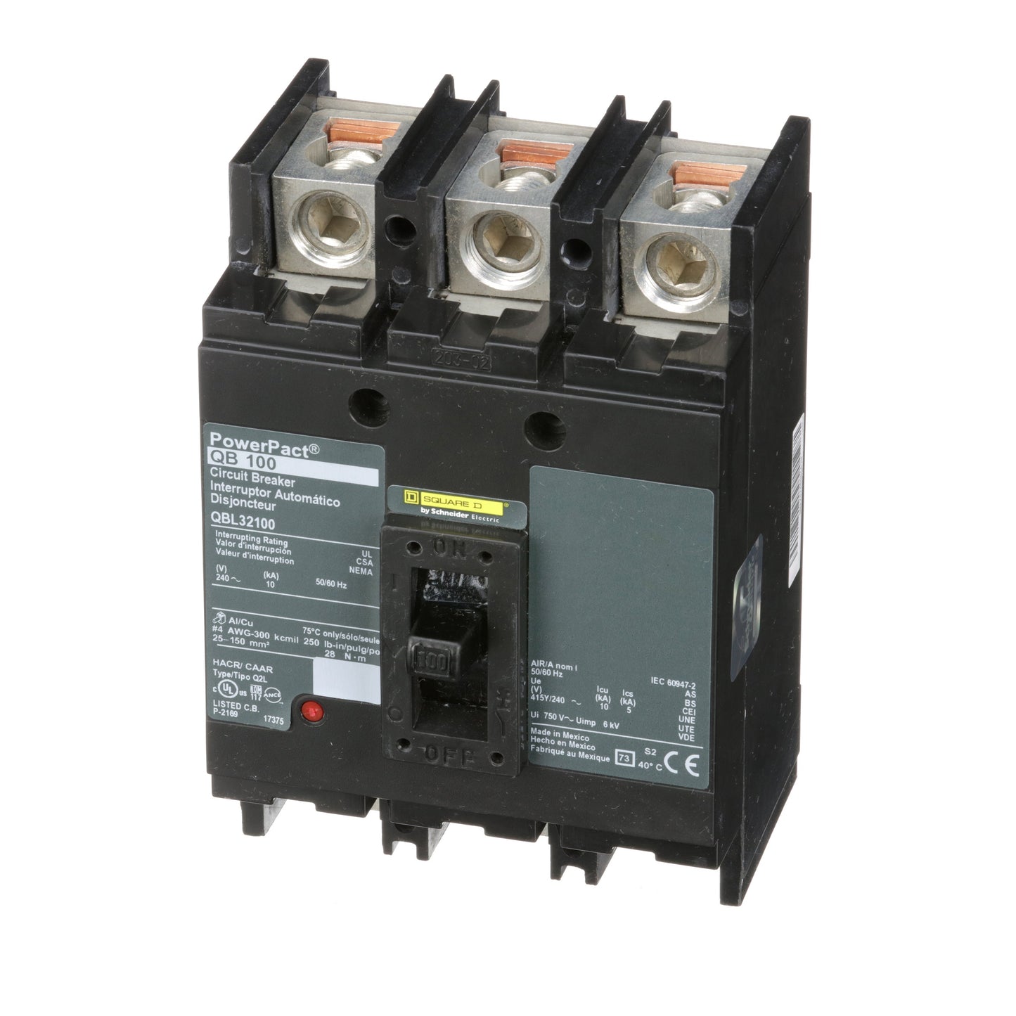Square D QBL32100 Circuit Breaker | 240V 100A 3P 10kA@240V Feed-Thru Powerpact