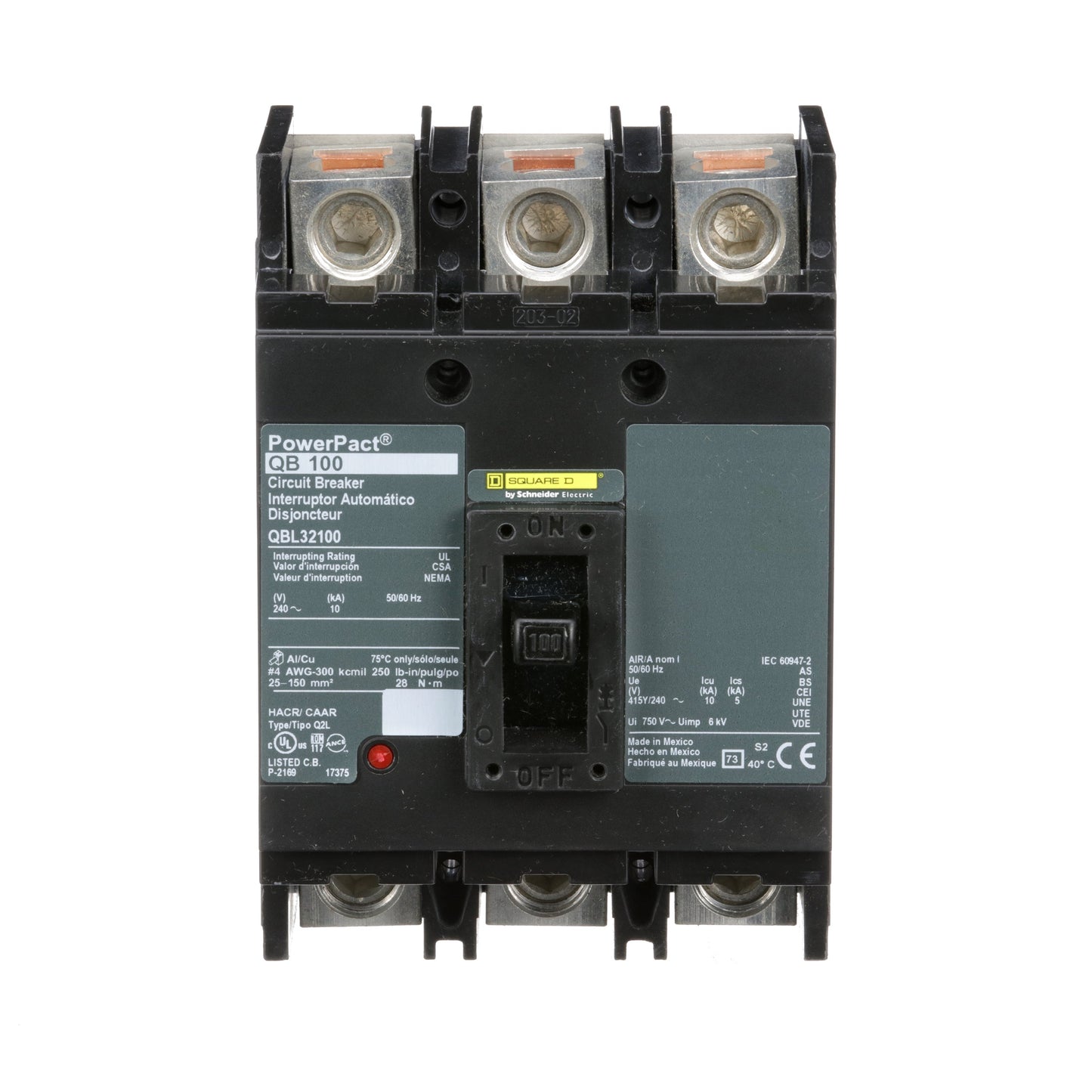 Square D QBL32100 Circuit Breaker | 240V 100A 3P 10kA@240V Feed-Thru Powerpact
