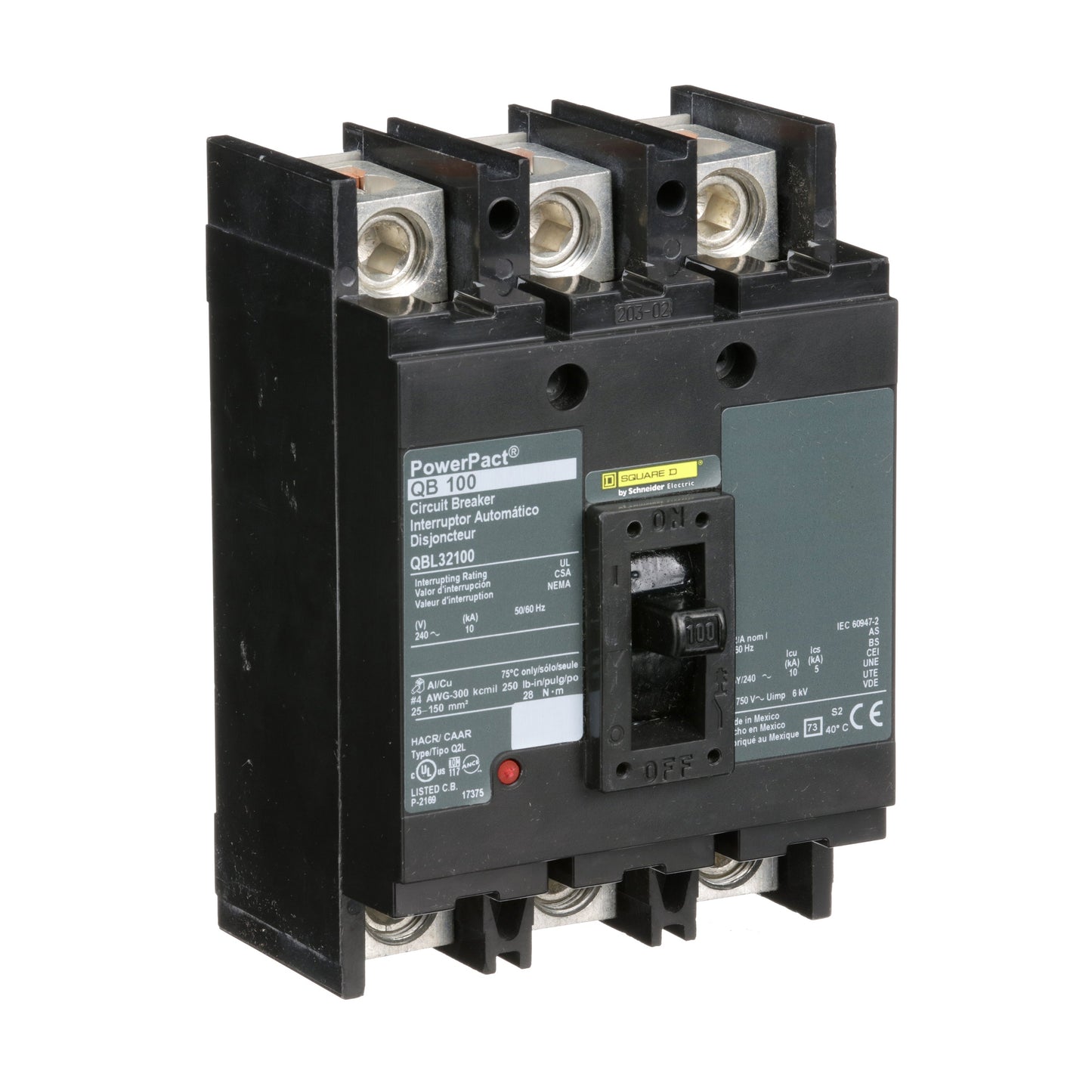 Square D QBL32100 Circuit Breaker | 240V 100A 3P 10kA@240V Feed-Thru Powerpact