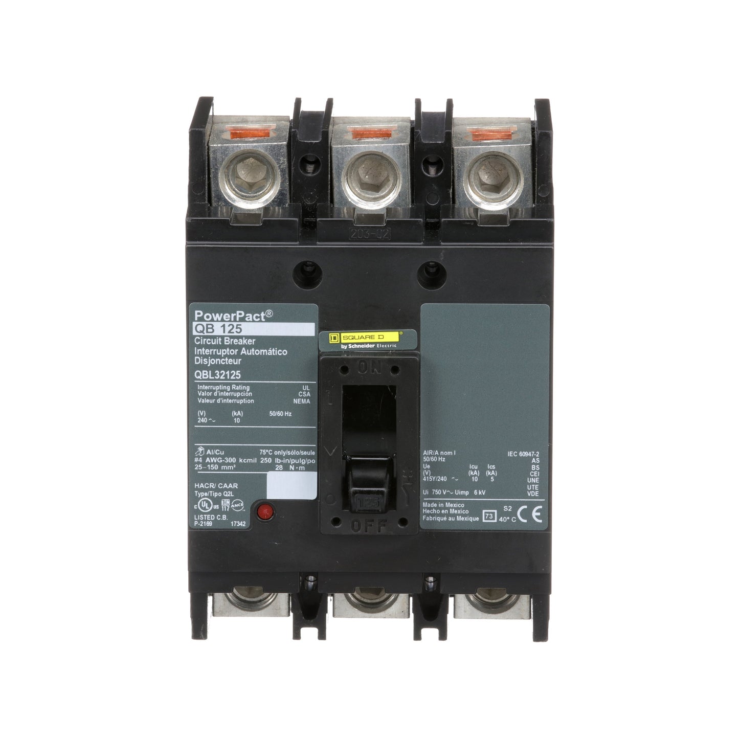 Square D QBL32125 Circuit Breaker | 240V 125A 3P 10kA@240V Feed-Thru Powerpact