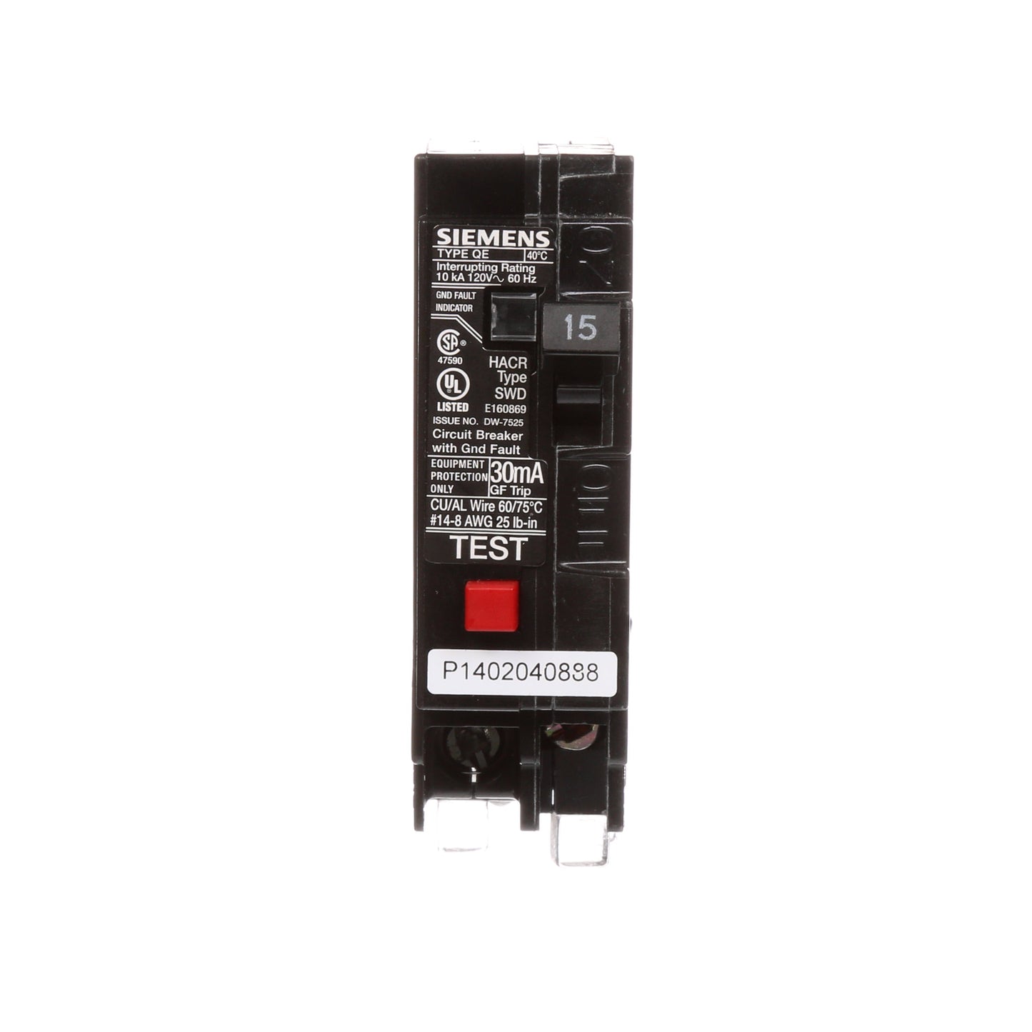 Siemens QE115 Circuit Breaker | 240V 15A 1 Pole 10kA@120V Plug-In Q Series