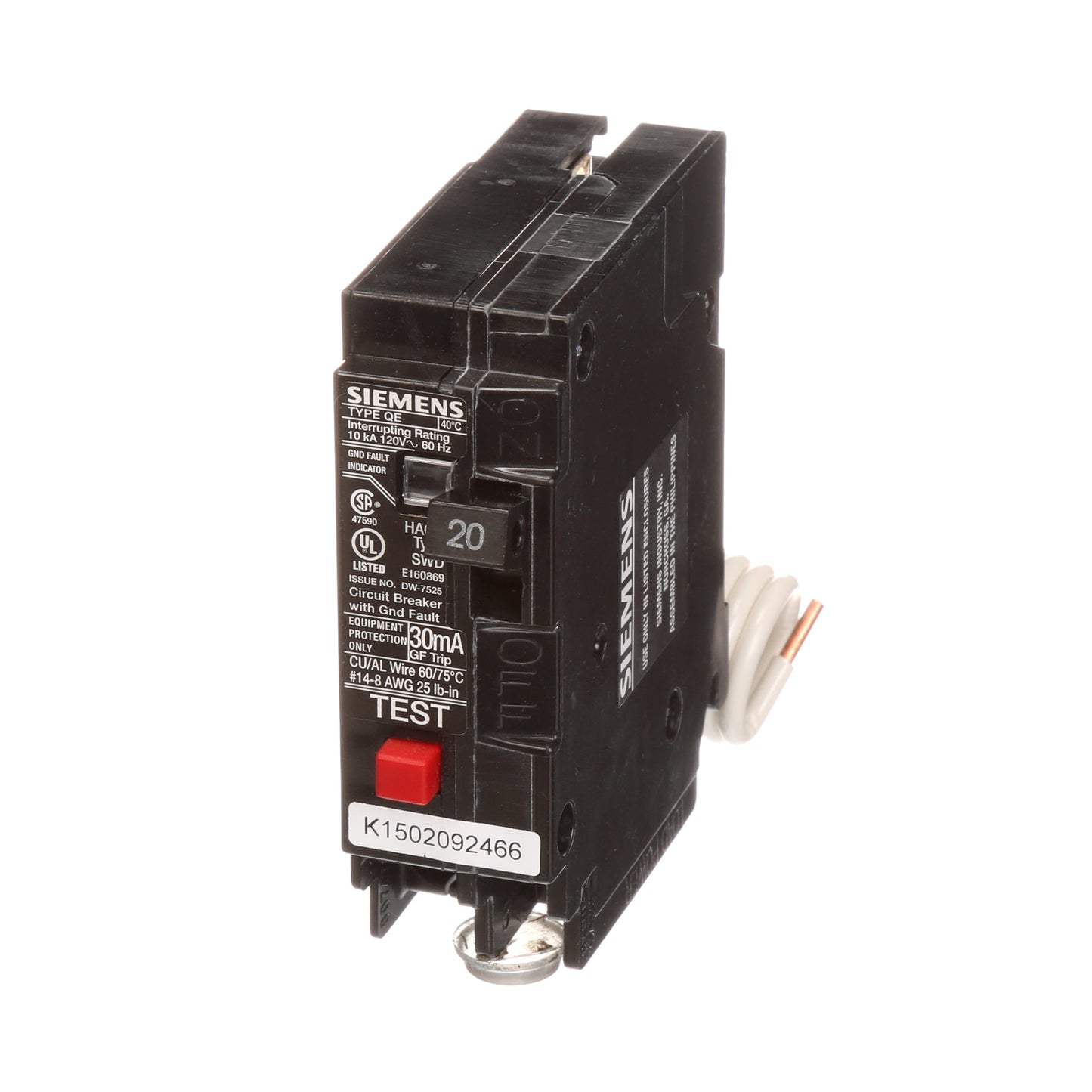 Siemens QE120 Circuit Breaker | 240V 20A 1P 10kA@120V Plug-In Q Series