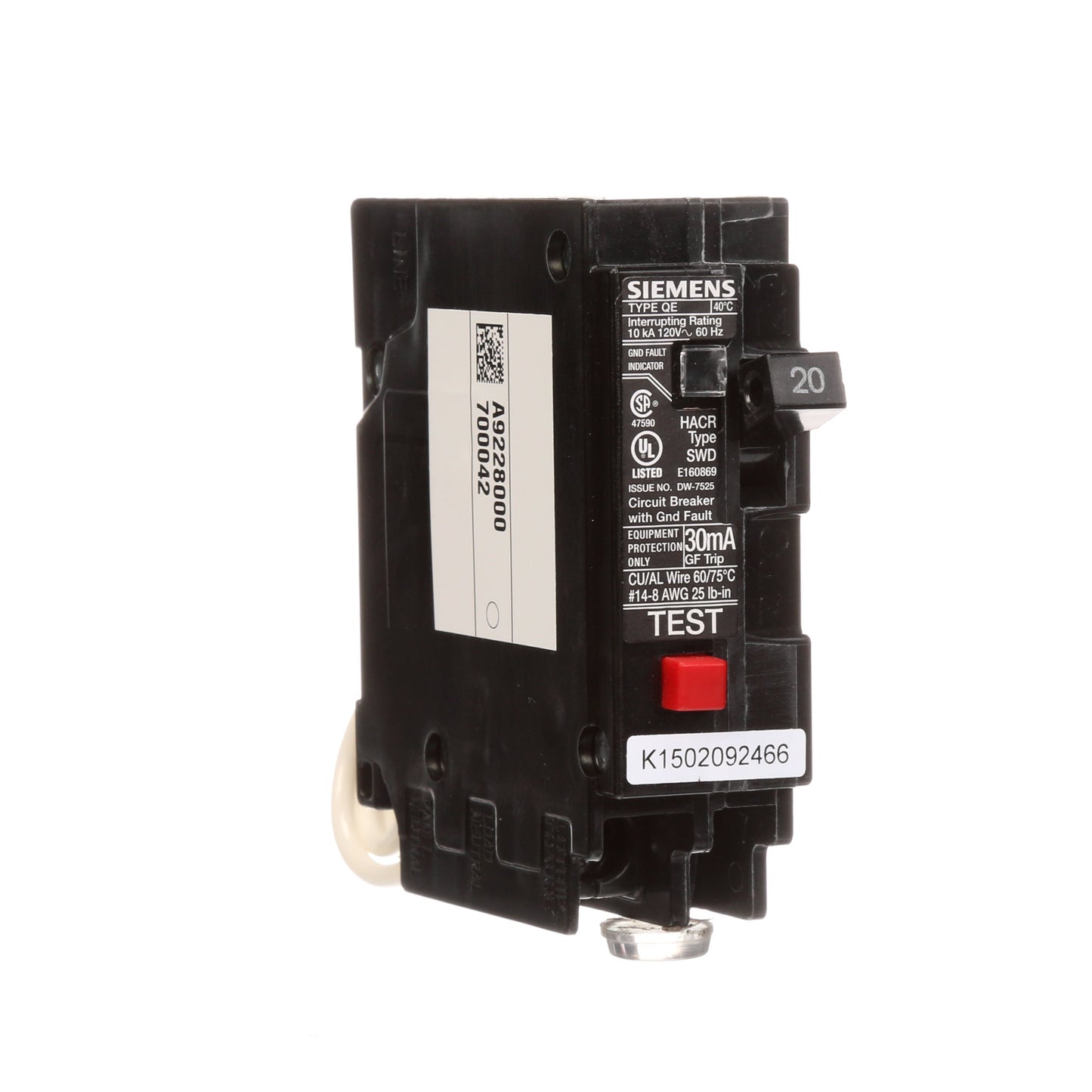 Siemens QE120 Circuit Breaker | 240V 20A 1P 10kA@120V Plug-In Q Series