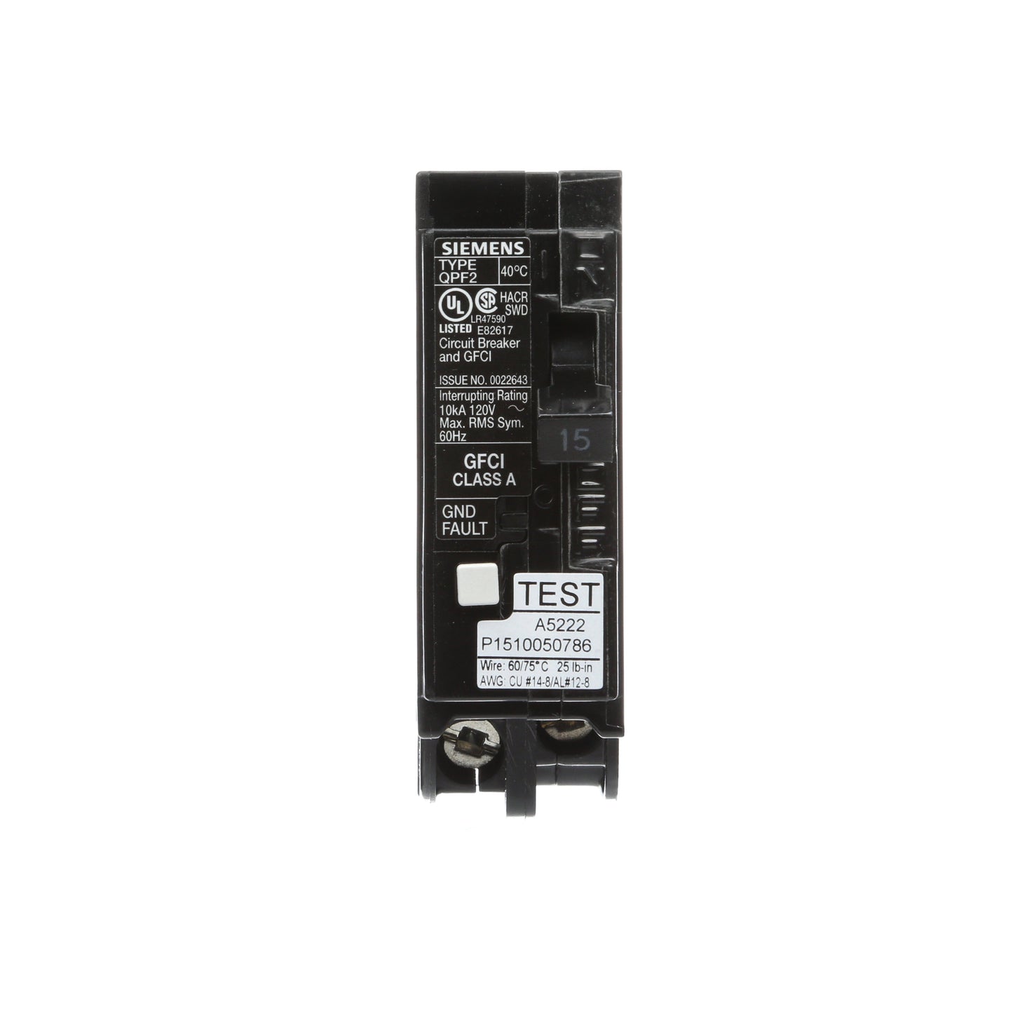 Siemens QF115A Circuit Breaker | 120V 15A 1P 10kA@120V Plug-In Q Series