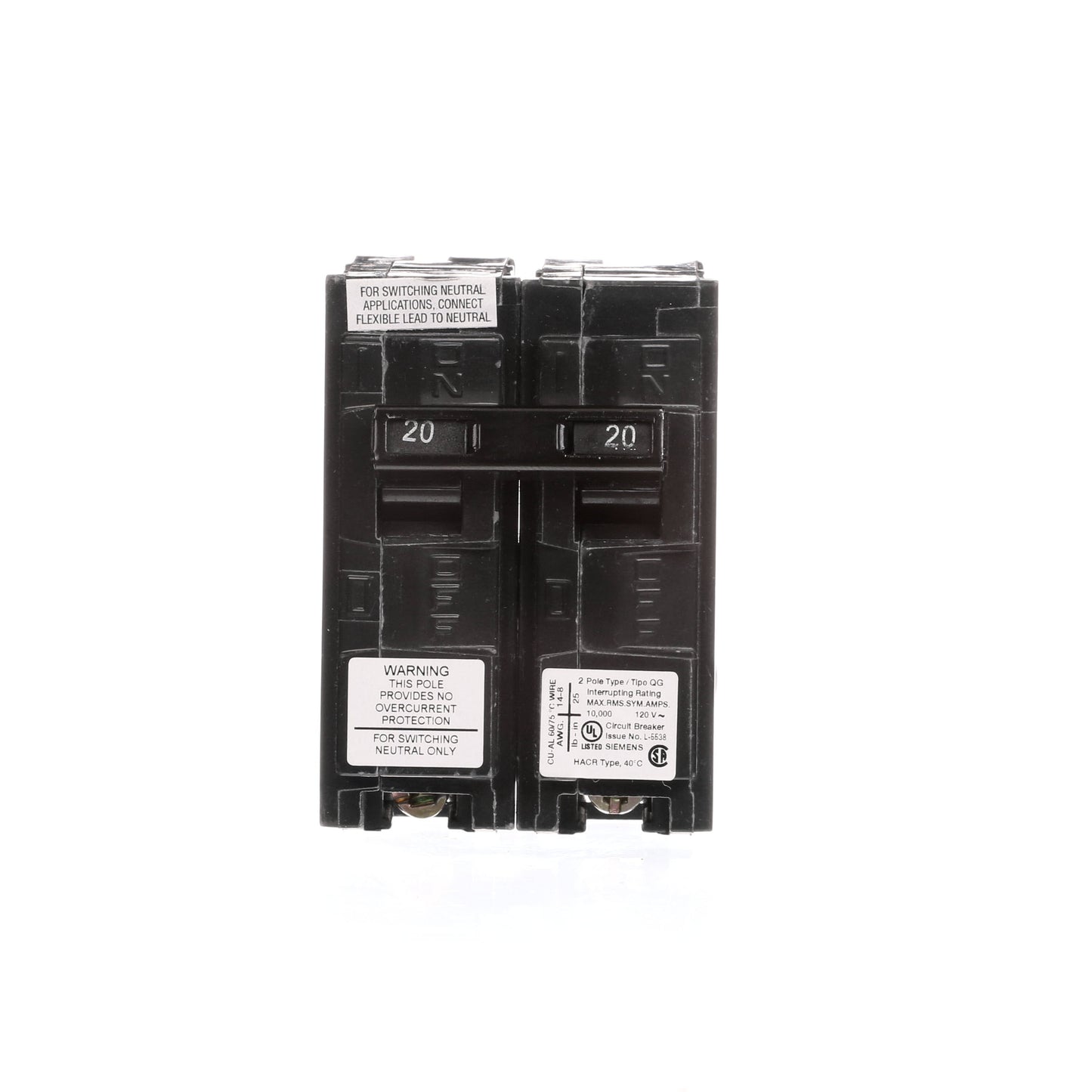 Siemens QG220 Circuit Breaker | 120V 20A 2P 10kA@120V Plug-In Q Series