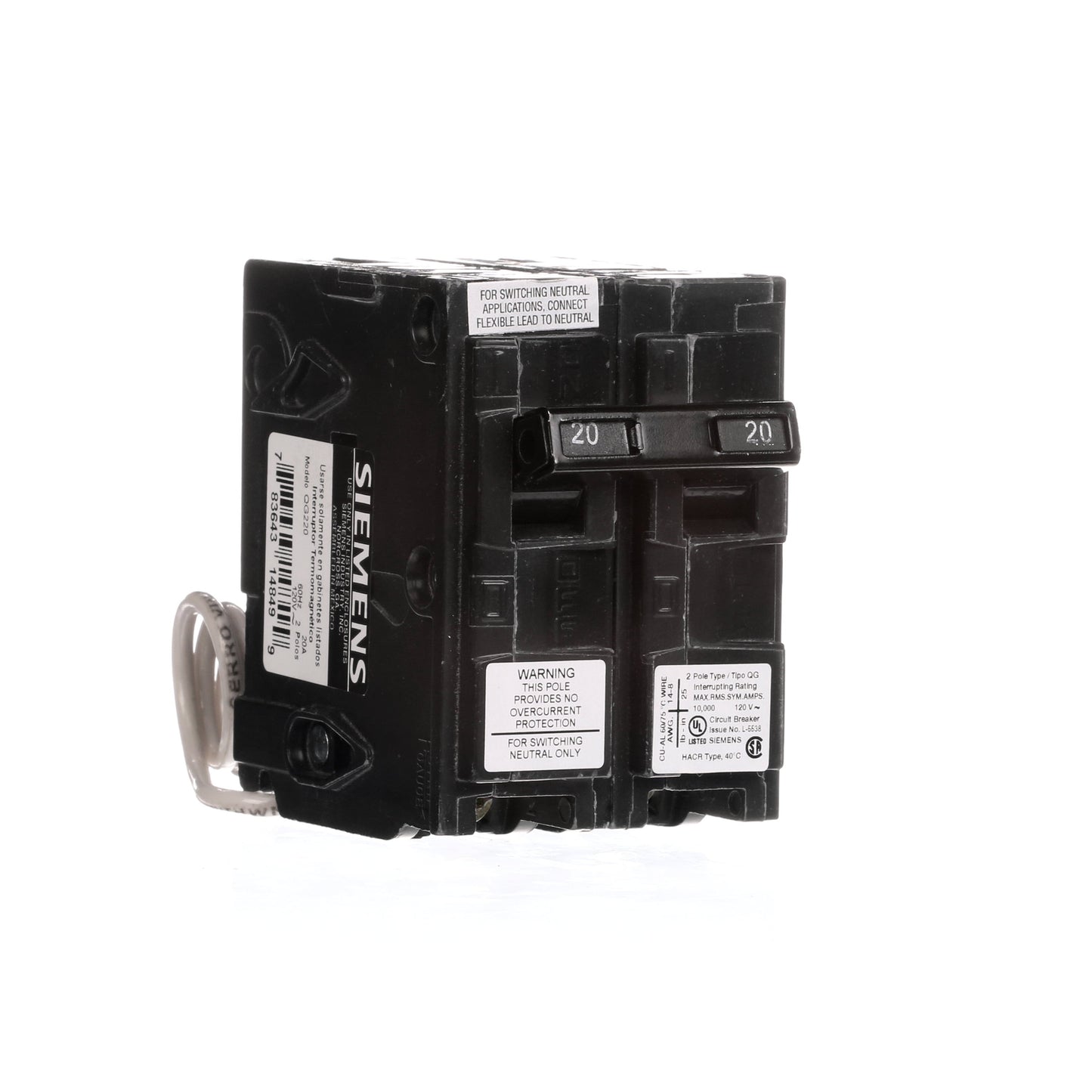 Siemens QG220 Circuit Breaker | 120V 20A 2P 10kA@120V Plug-In Q Series