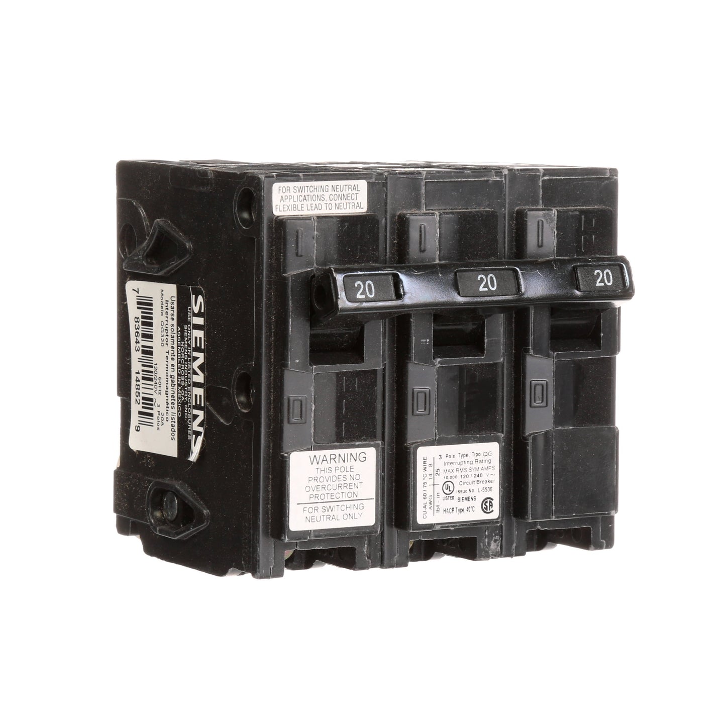 Siemens QG320 Circuit Breaker | 240V 20A 3P 10kA@240V Plug-In Q Series