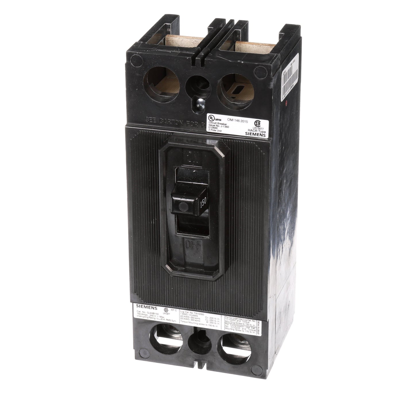 Siemens QJ22B150 Circuit Breaker | 240V 150A 2P 10kA@240V Bolt-On QJ Frame
