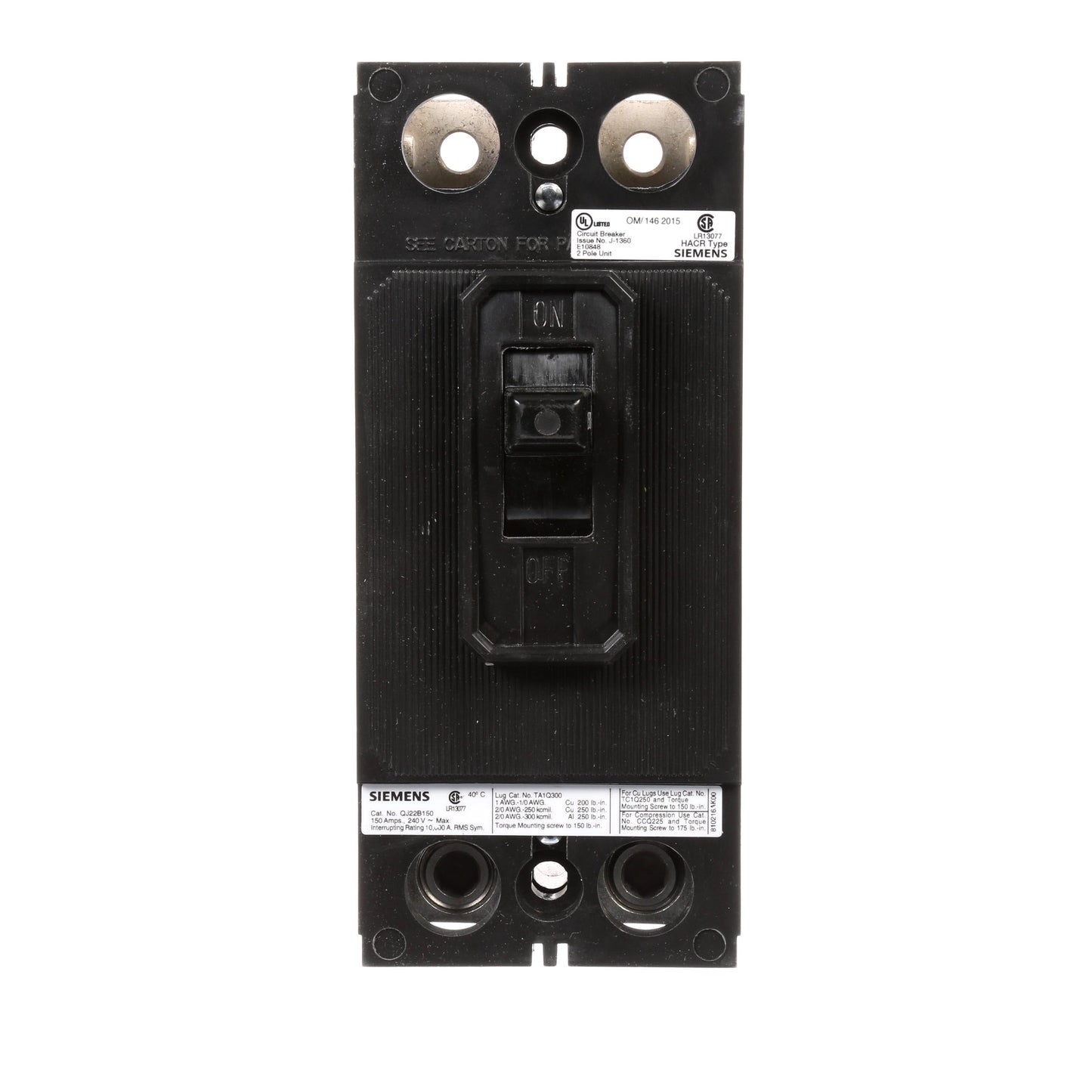 Siemens QJ22B150 Circuit Breaker | 240V 150A 2P 10kA@240V Bolt-On QJ Frame