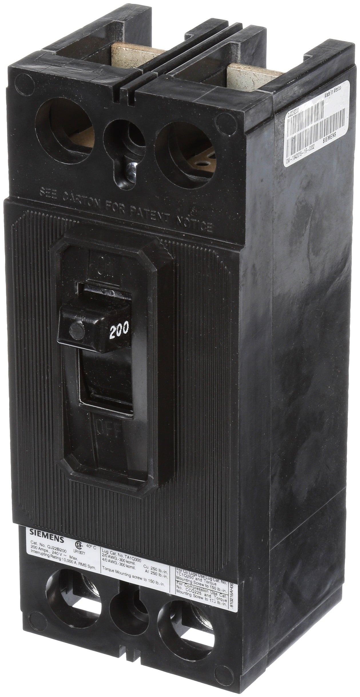 Siemens QJ22B200 Circuit Breaker | 240V 200A 2P 10kA@240V Bolt-On QJ Frame