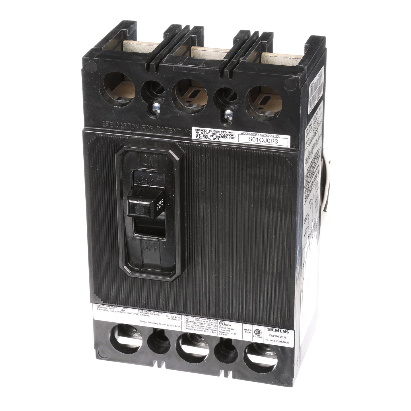 Siemens QJ23B22500S01 Circuit Breaker | 240V 225A 3P 10kA@240V Bolt-On QJ Frame
