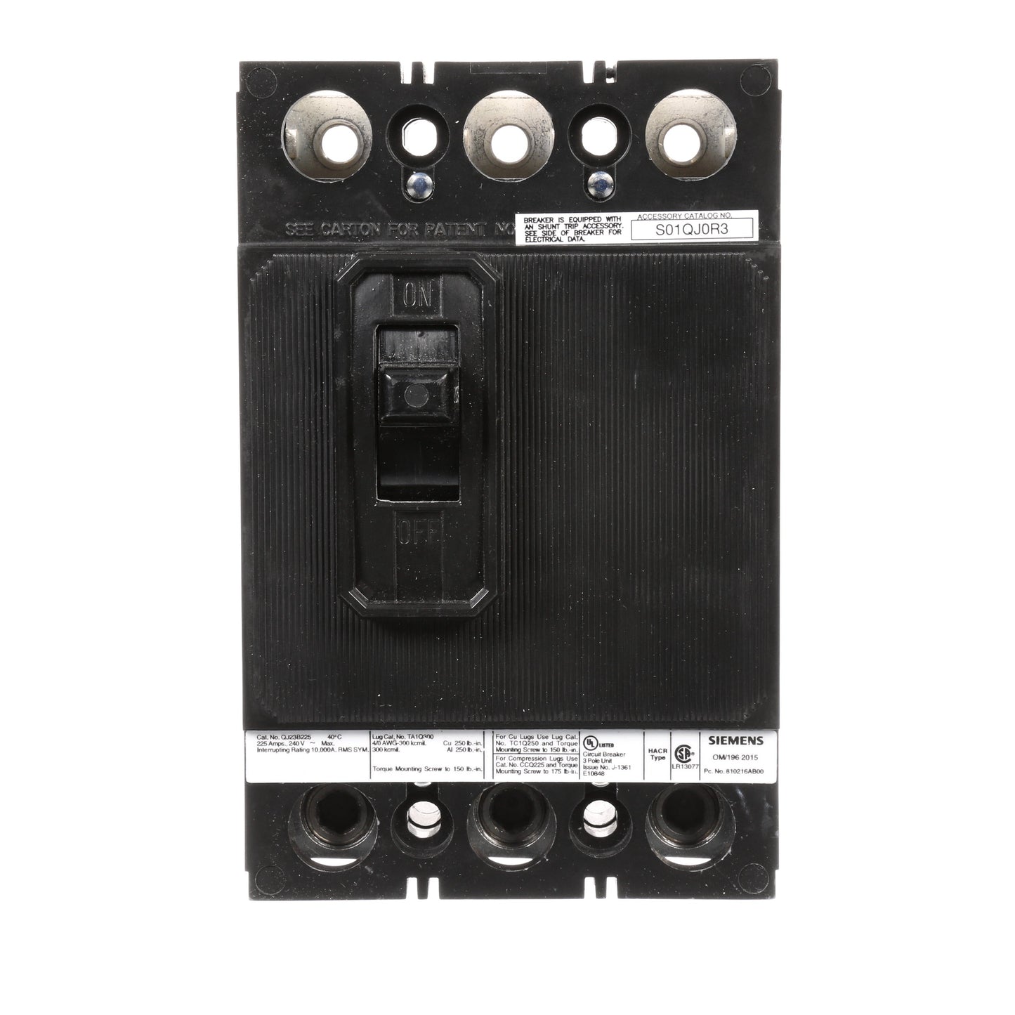 Siemens QJ23B22500S01 Circuit Breaker | 240V 225A 3P 10kA@240V Bolt-On QJ Frame