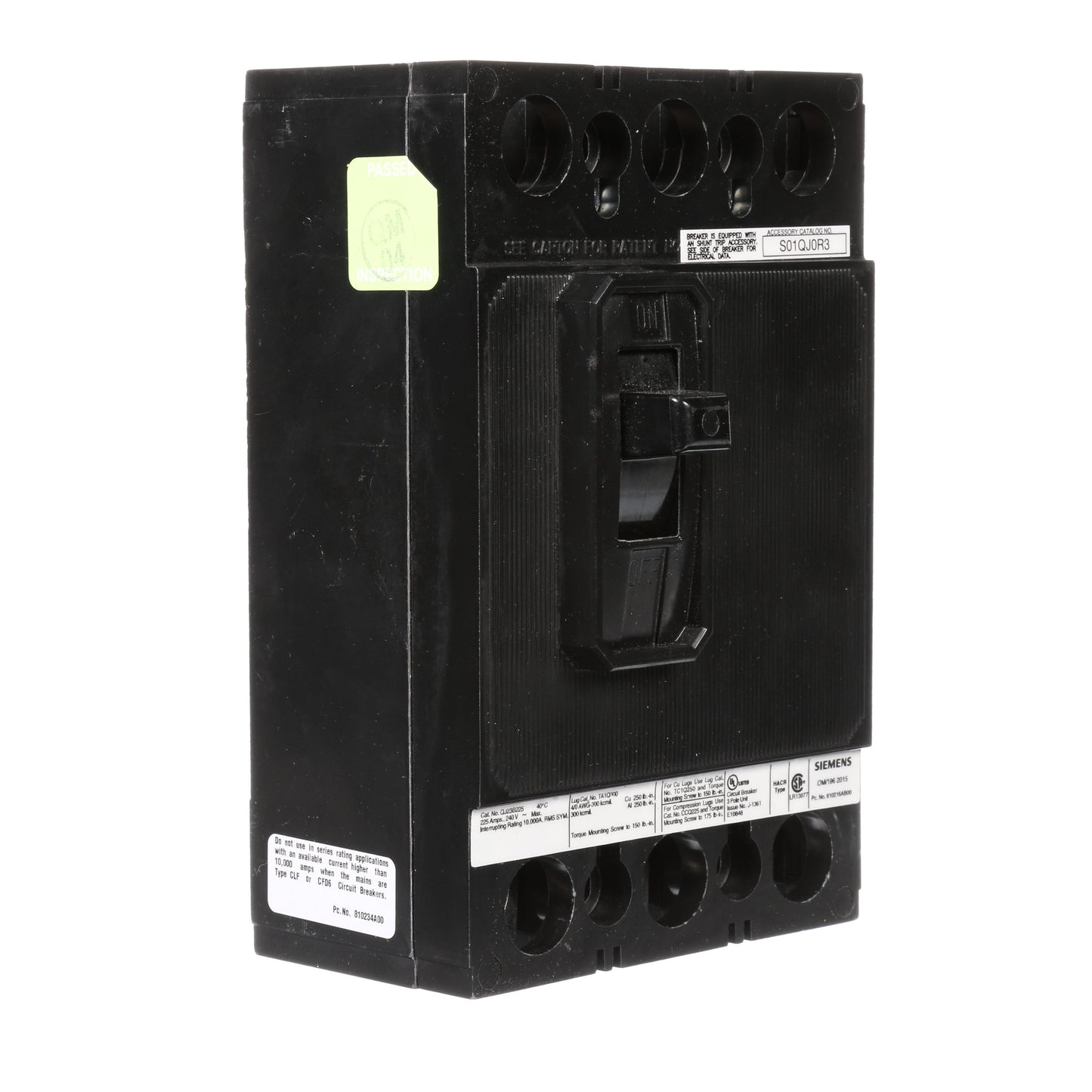 Siemens QJ23B22500S01 Circuit Breaker | 240V 225A 3P 10kA@240V Bolt-On QJ Frame