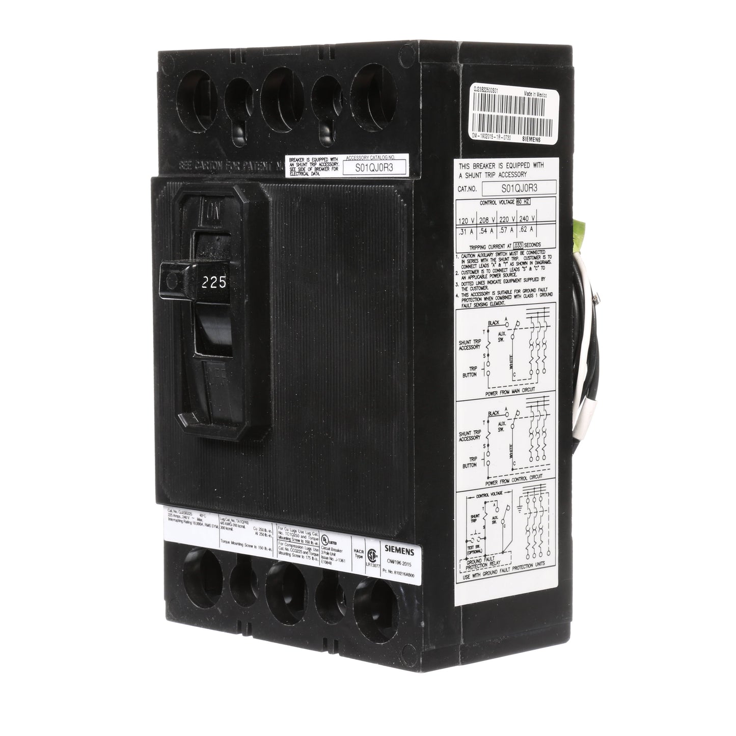 Siemens QJ23B22500S01 Circuit Breaker | 240V 225A 3P 10kA@240V Bolt-On QJ Frame