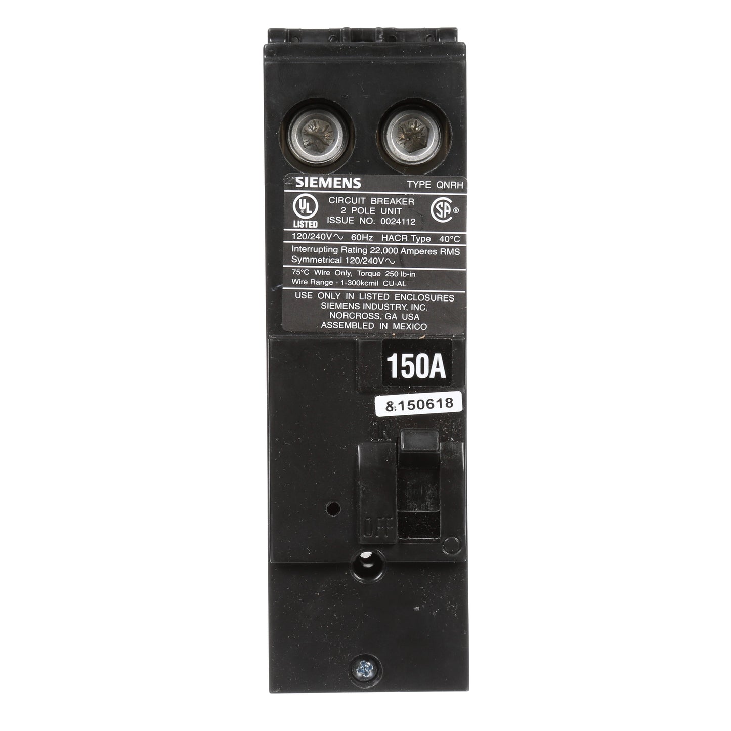 Siemens QN2150RH Circuit Breaker | 240V 150A 2P 22kA@240V Plug-In Q Series