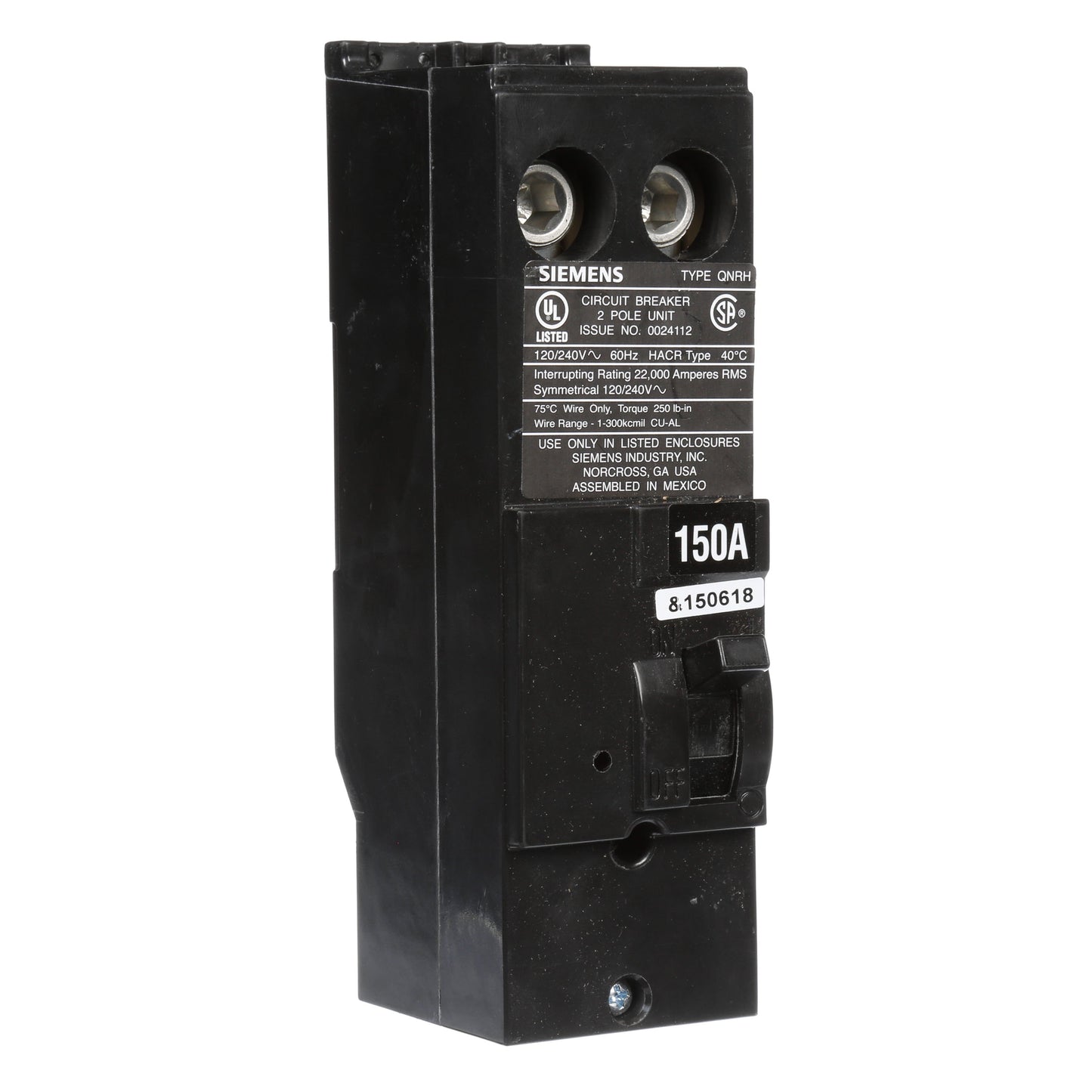 Siemens QN2150RH Circuit Breaker | 240V 150A 2P 22kA@240V Plug-In Q Series