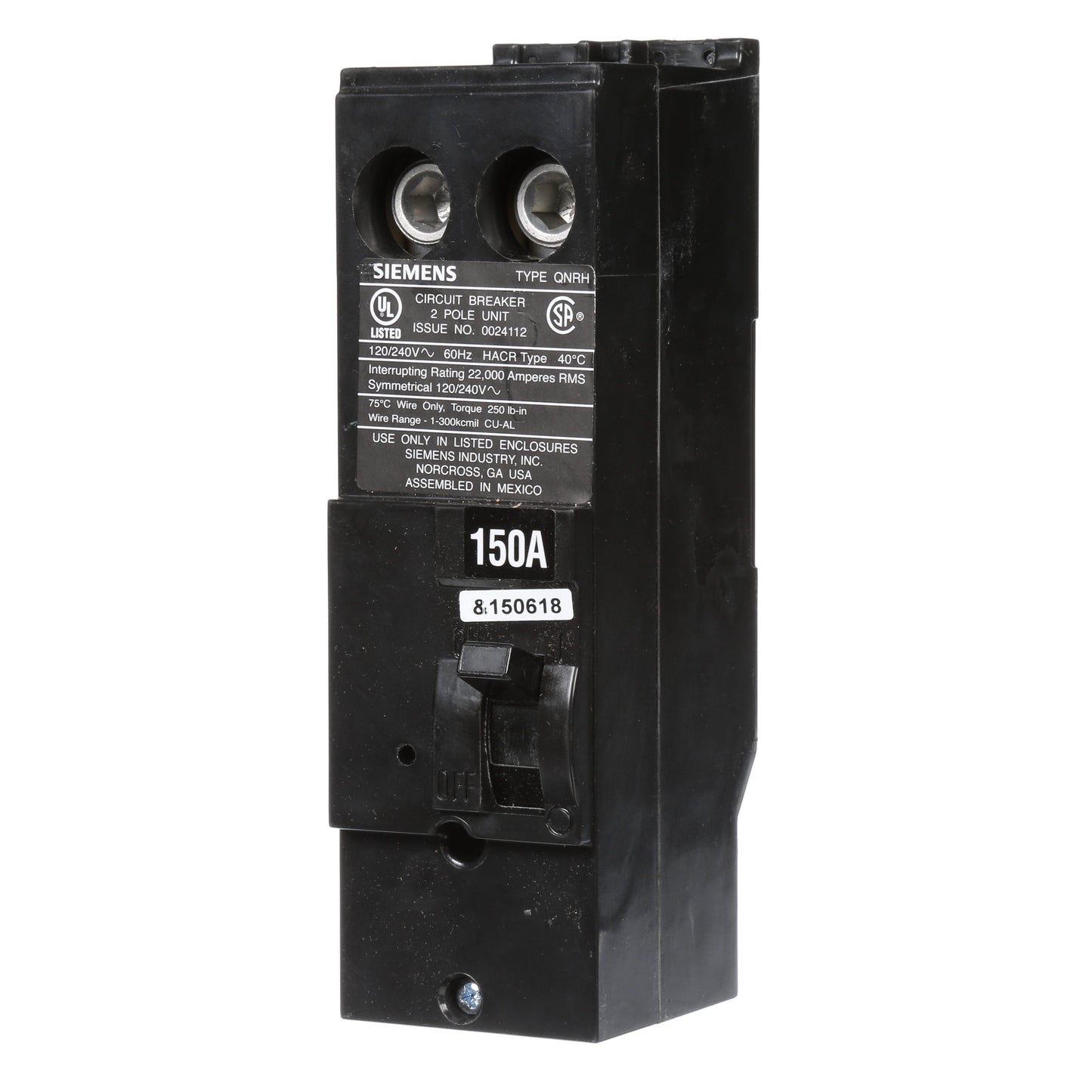 Siemens QN2150RH Circuit Breaker | 240V 150A 2P 22kA@240V Plug-In Q Series
