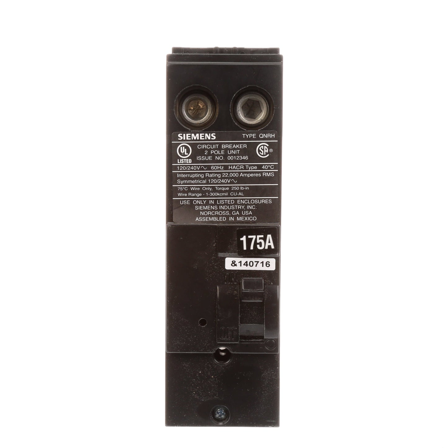 Siemens QN2175RH Circuit Breaker | 240V 175A 2P 22kA@240V Plug-In Q Series