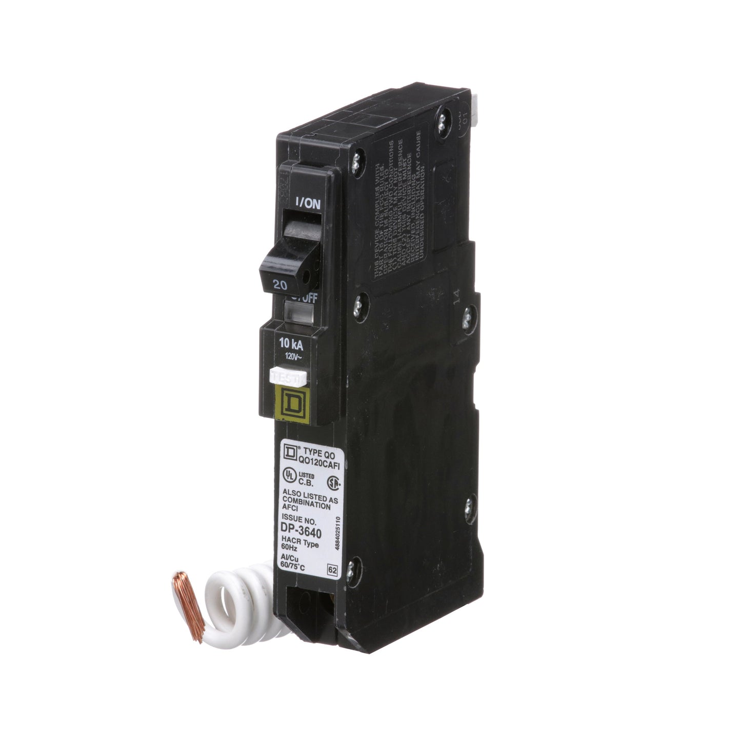 Square D QO120CAFI Circuit Breaker 120V 20A 1P 10kA@120V Plug-In QO Series