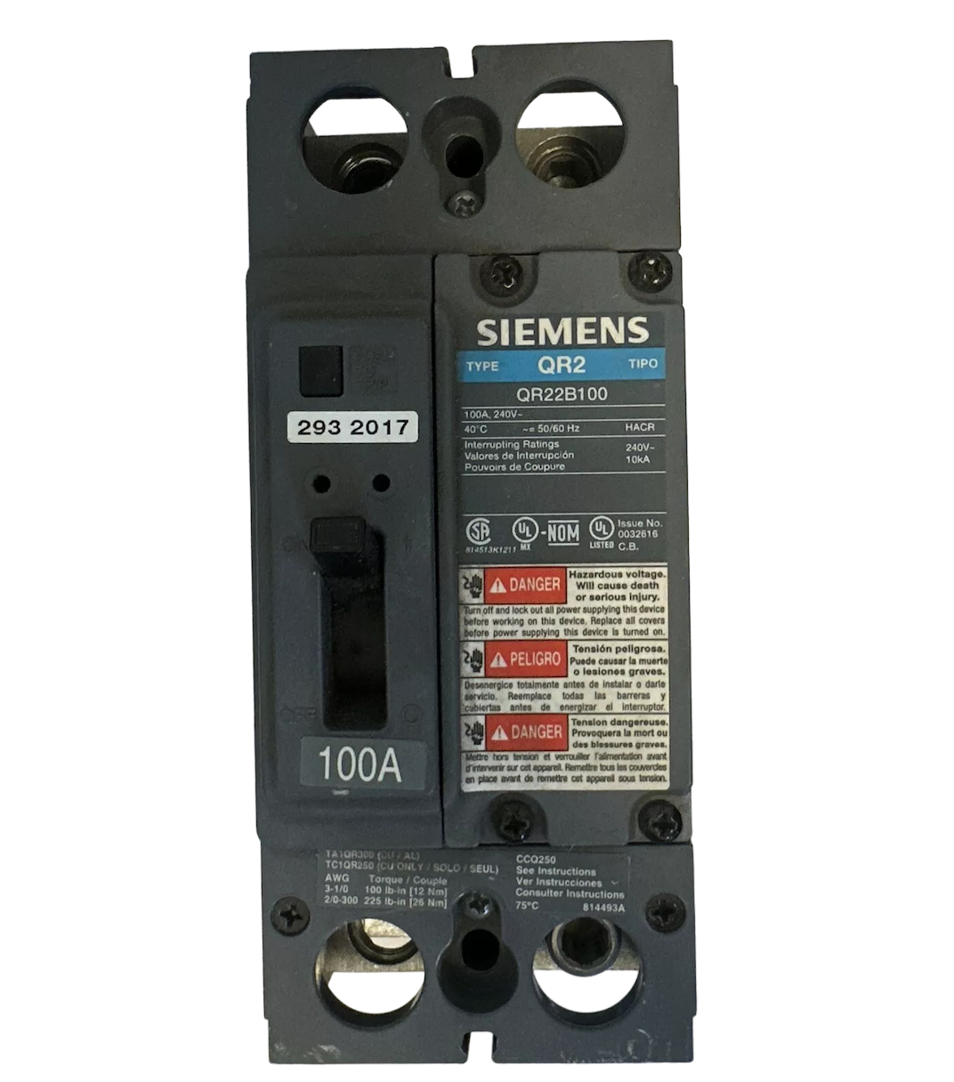 QR22B100L - Siemens Feed-Thru 240V 100A 2 pole circuit breaker 10kA@240V - Essential Electric Supply