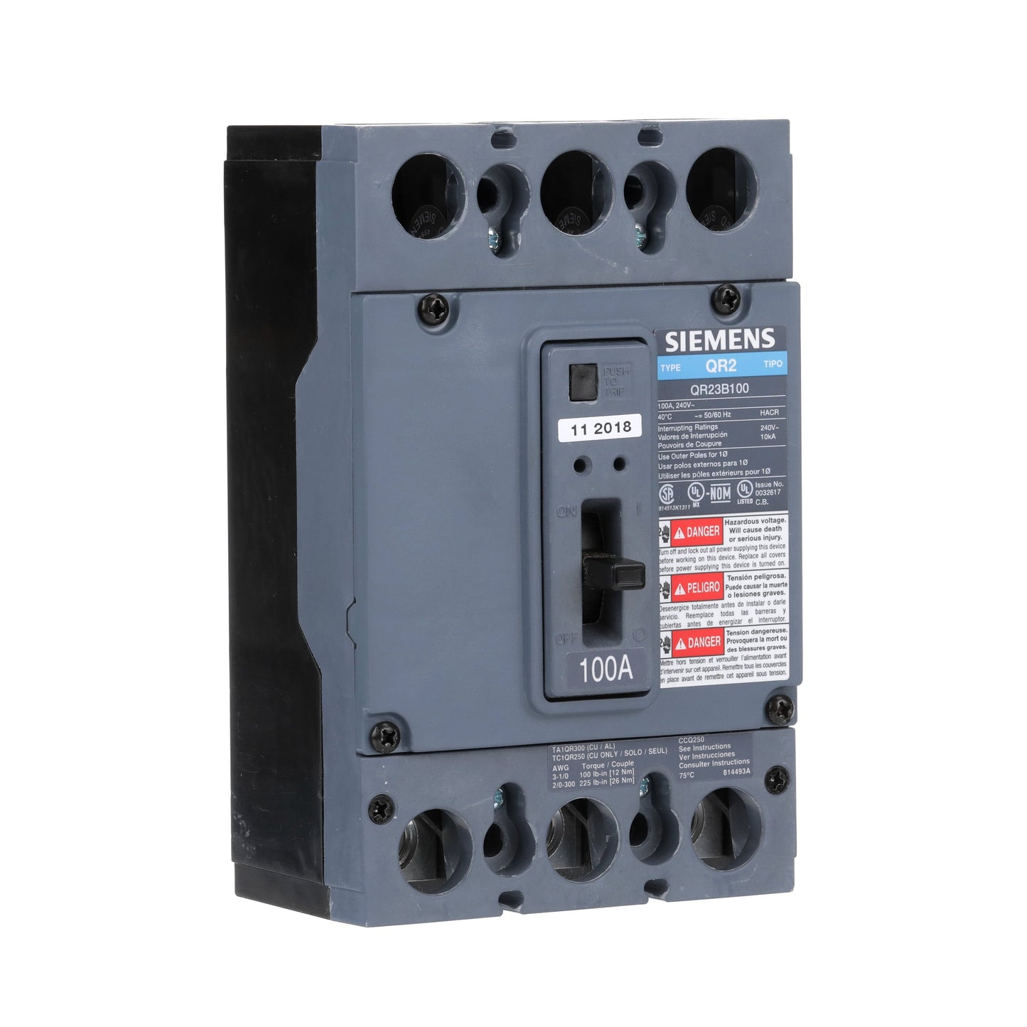 Siemens QR23B100 Circuit Breaker | 240V 100A 3P 10kA@240V Bolt-On QR Series