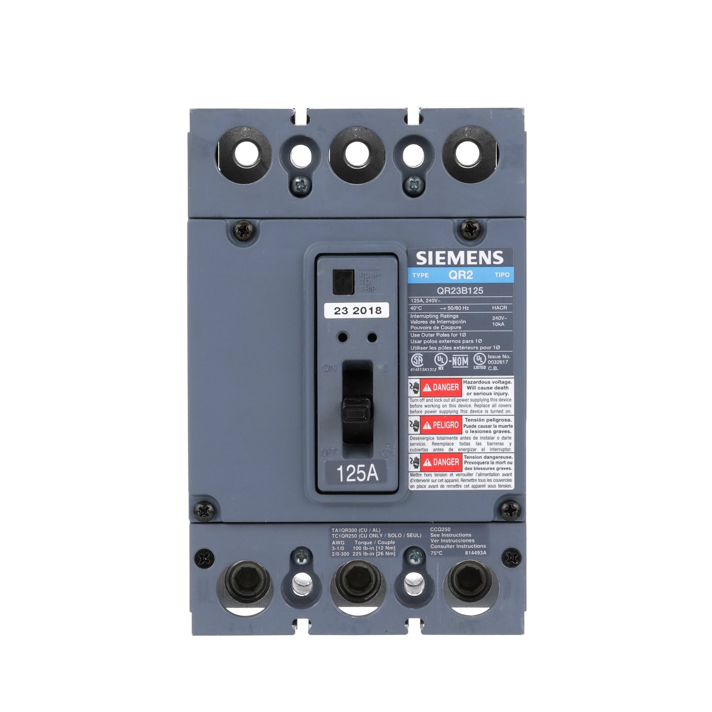 Siemens QR23B125 Circuit Breaker | 240V 125A 3P 10kA@240V Bolt-On QR Series