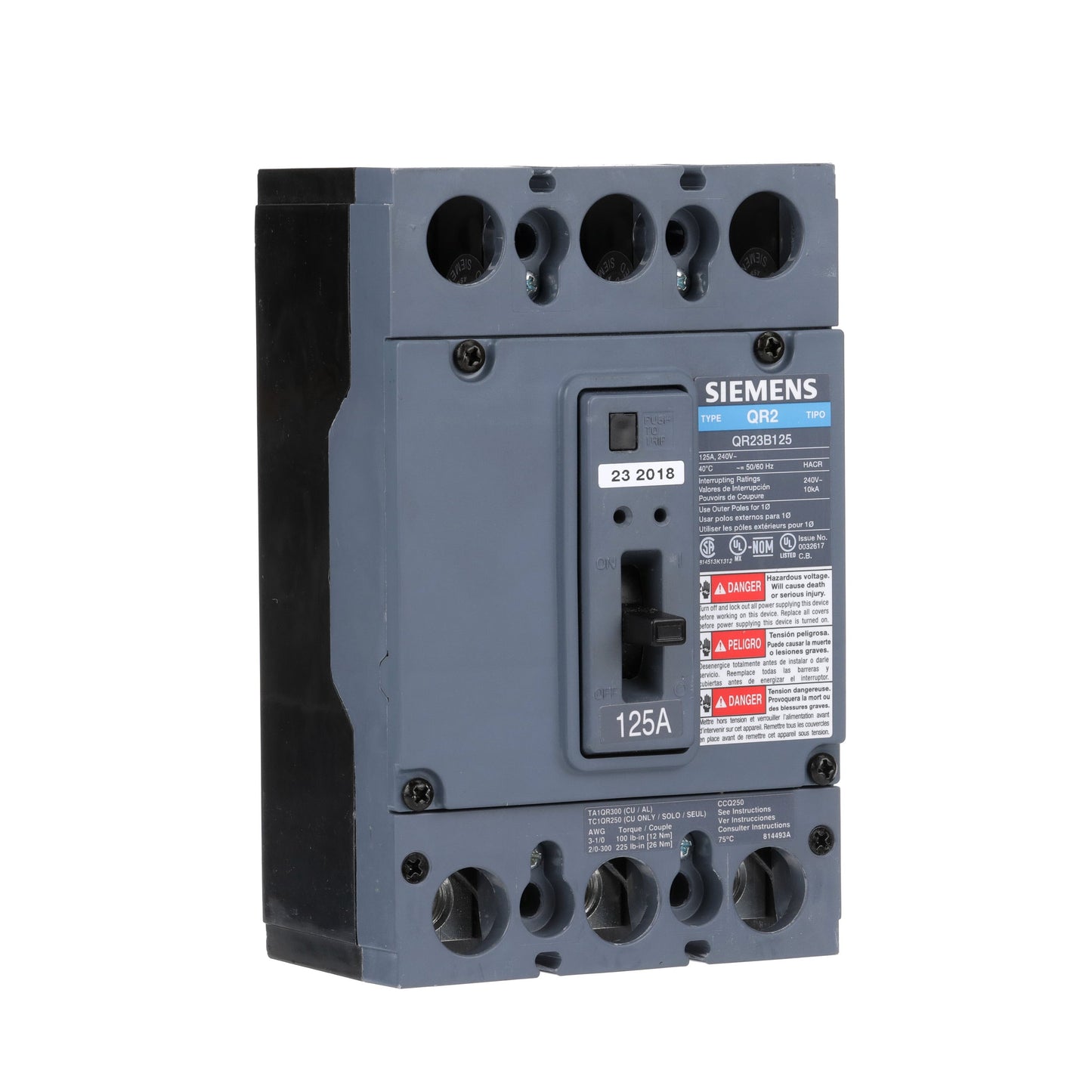 Siemens QR23B125 Circuit Breaker | 240V 125A 3P 10kA@240V Bolt-On QR Series