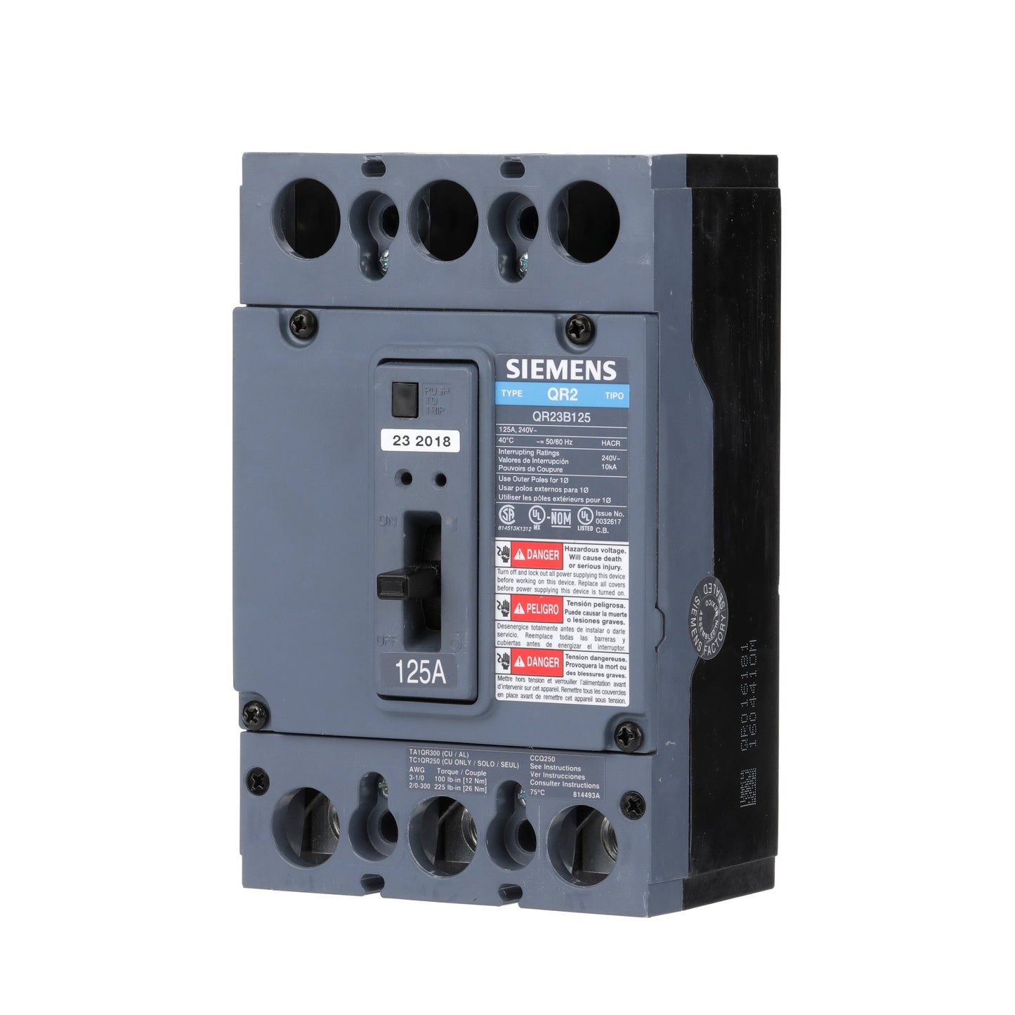 Siemens QR23B125 Circuit Breaker | 240V 125A 3P 10kA@240V Bolt-On QR Series